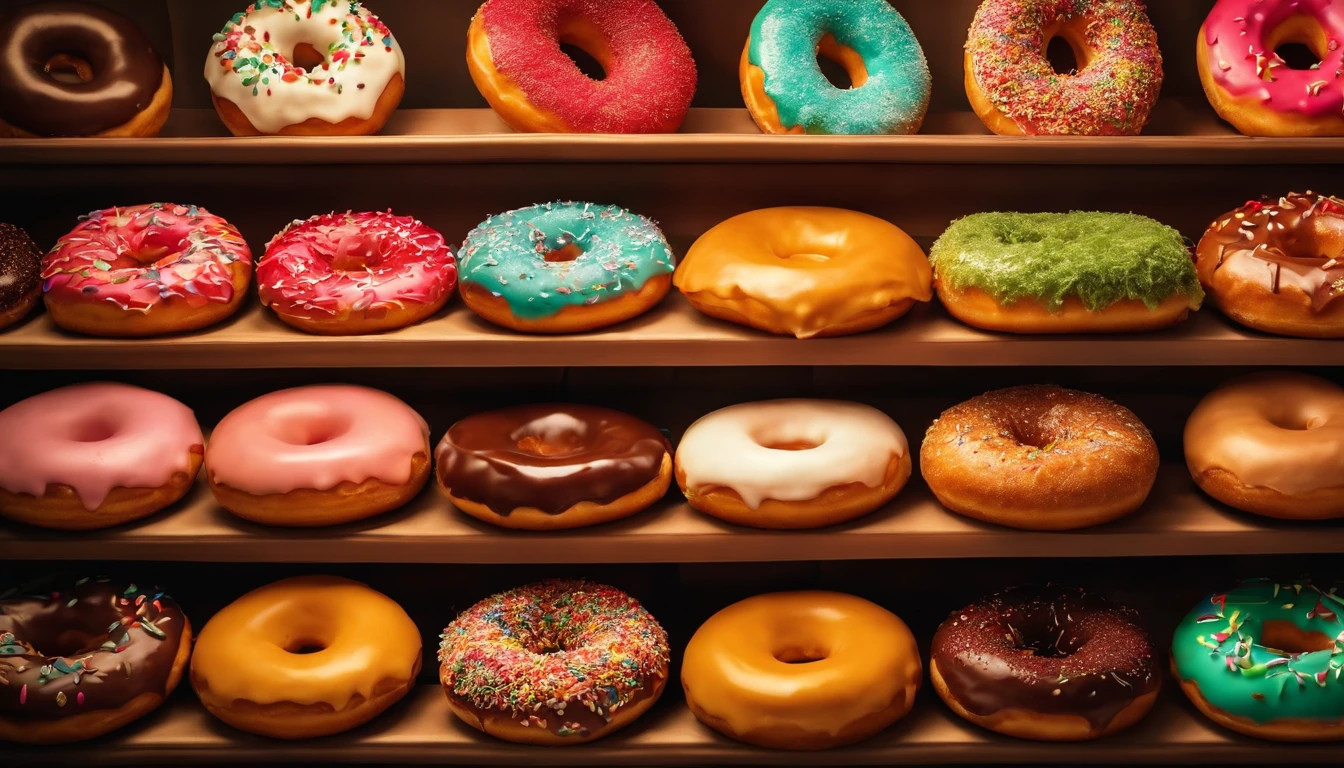 A high-resolution image of a donut shop display, with rows of perfectly round donuts in various flavors, colors, and designs, creating a visually inviting and tempting scene