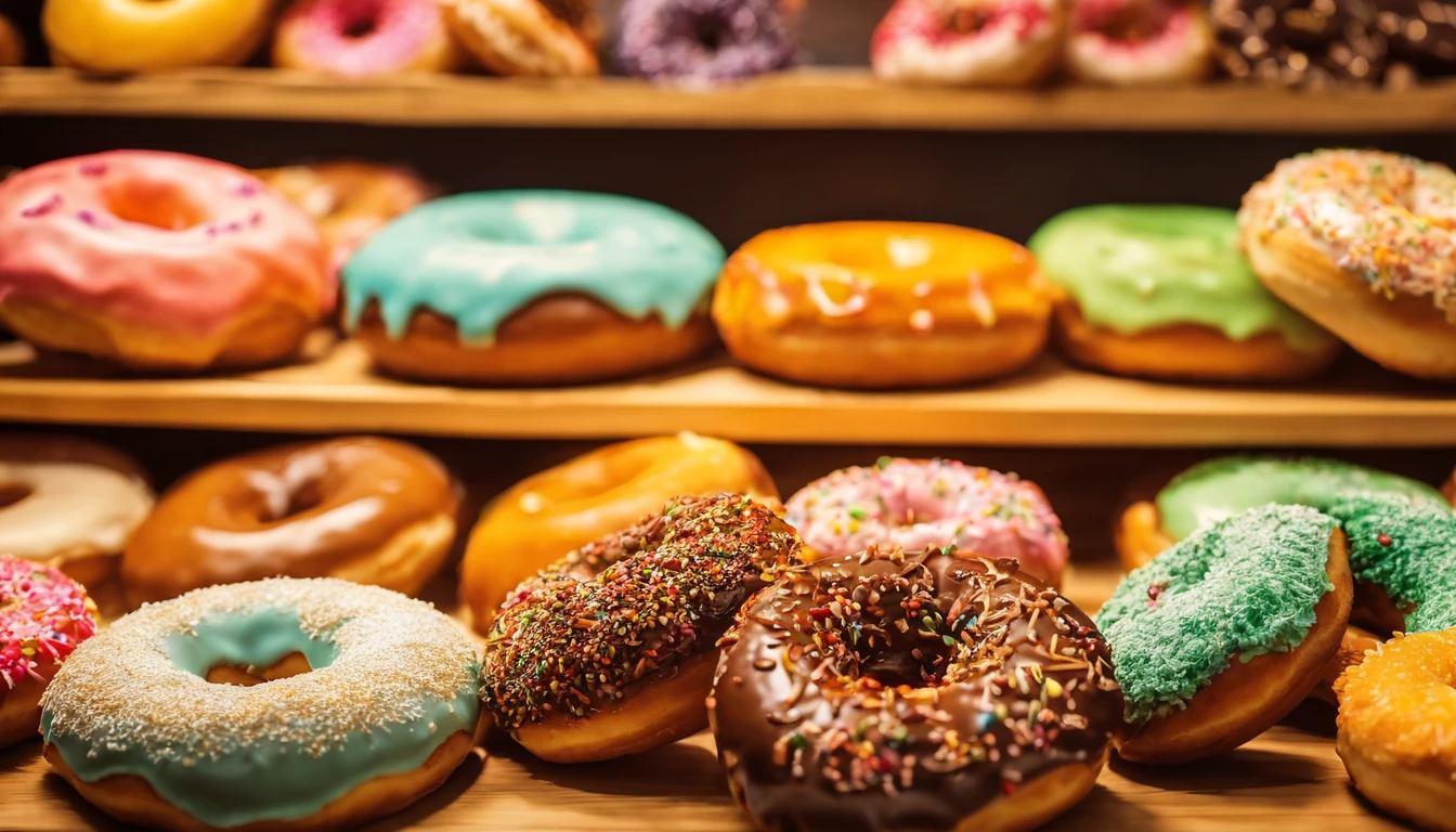 A high-resolution image of a donut shop display, with rows of perfectly round donuts in various flavors, colors, and designs, creating a visually inviting and tempting scene