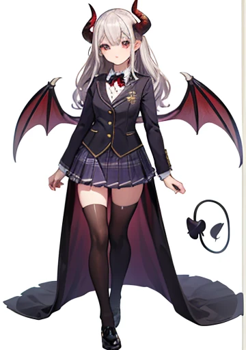 (((Best Quality))) , ((full body)), reference sheet, solo, (white background), demon horns, succubus, mini skirt, violet outfit, blazer, ,Devil Wings,
