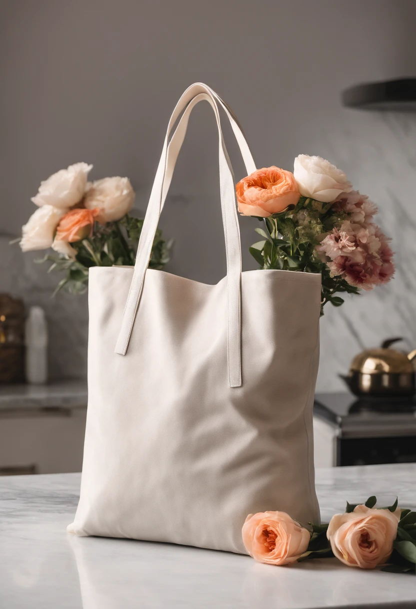 An aesthetic photo of a blank tote bag mockup placed on a marble countertop with fresh flowers and stylish accessories, showcasing its versatility as a fashion statement