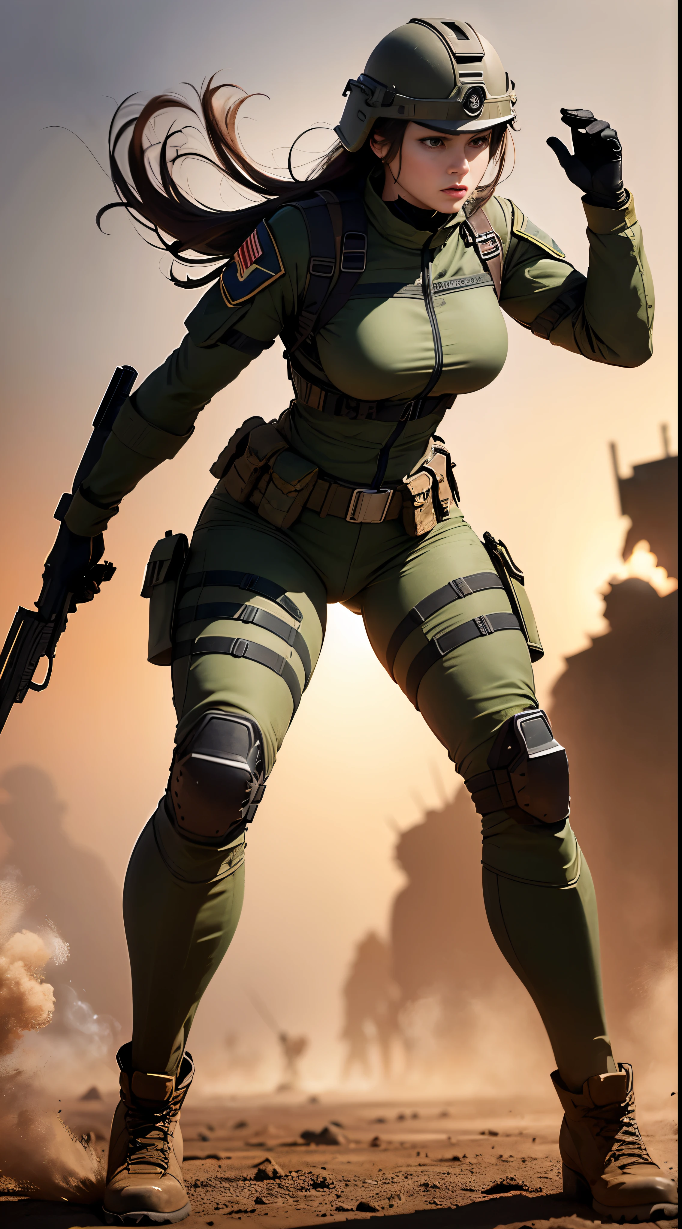 beautiful female American soldier, sexy, invasive, intimidating, military uniform, confident look, determined expression, powerful presence, tall and strong build, muscular arms, camouflage pattern, combat boots, tactical gear, military helmet, holding a rifle, with a fierce gaze, dusky skin tone, glowing with confidence, commanding aura, standing in a battlefield with smoke and dust, ready to face any challenge, leading her troops to victory, heroic and fearless, surrounded by a sense of danger, depicting the intensity and strength of a warrior, dramatic lighting, highlighting her silhouette, showcasing her bravery and courage, capturing the essence of a modern heroine.