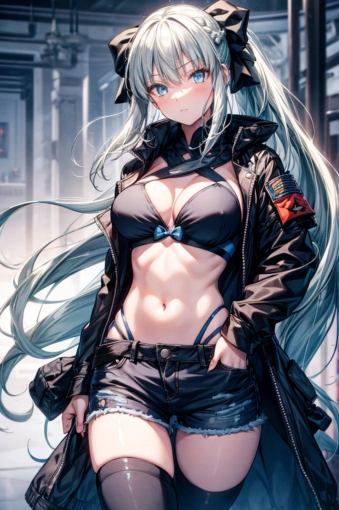 (Enrich the picture,Masterpiece level quality)Beautiful 8K CG artwork,1girl,solo,morgan le fay (fate),detailed face, perfect face, perfect eyes,blue eyes,Long Hair, pony tail,Very long hair, big boob, black bow,Hair Bow, thights,side locks, French braid, grey hair,chuckle,Slim and soft,big breasts,Black Bikini,denim short shorts,city camouflage military jacket,hands in pocket,combat boots,