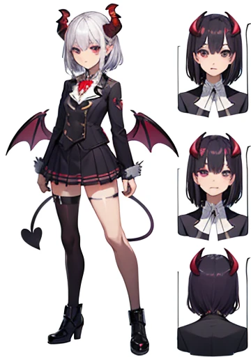 (((Best Quality))) , ((full body)), reference sheet, solo, (white background), demon horns, succubus, mini skirt, violet outfit, ,Devil Wings,
