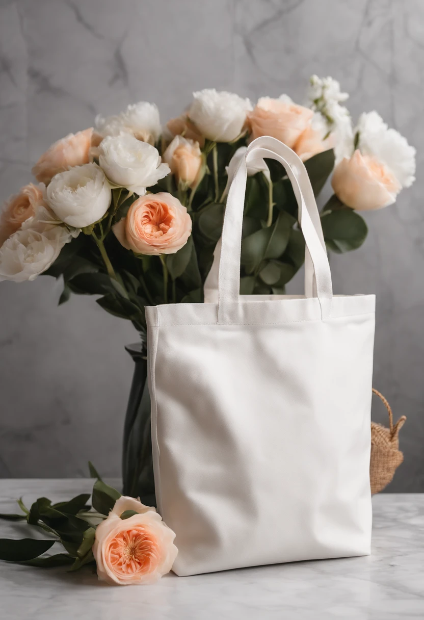 An aesthetic photo of a blank tote bag mockup placed on a marble countertop with fresh flowers and stylish accessories, showcasing its versatility as a fashion statement