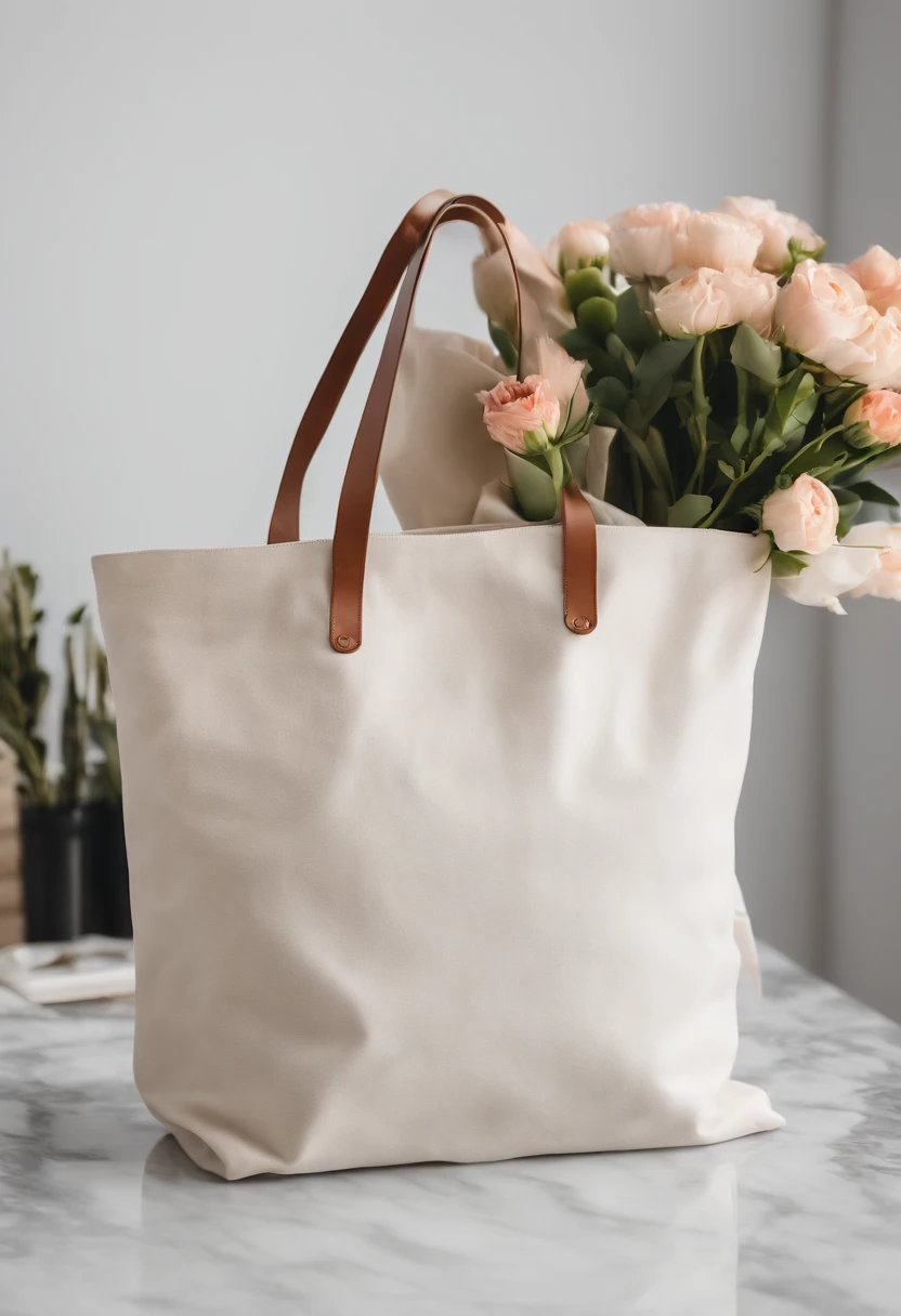 An aesthetic photo of a blank tote bag mockup placed on a marble countertop with fresh flowers and stylish accessories, showcasing its versatility as a fashion statement