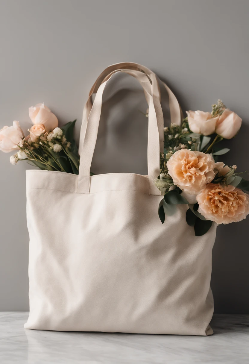 An aesthetic photo of a blank tote bag mockup placed on a marble countertop with fresh flowers and stylish accessories, showcasing its versatility as a fashion statement