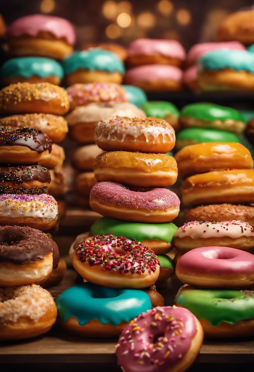 A high-resolution image of a donut shop display, with rows of perfectly round donuts in various flavors, colors, and designs, creating a visually inviting and tempting scene