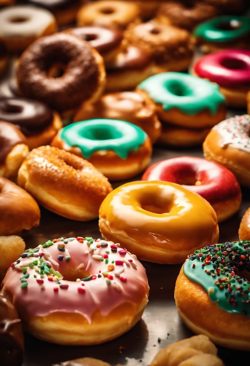 A high-resolution image of a donut shop display, with rows of perfectly round donuts in various flavors, colors, and designs, creating a visually inviting and tempting scene