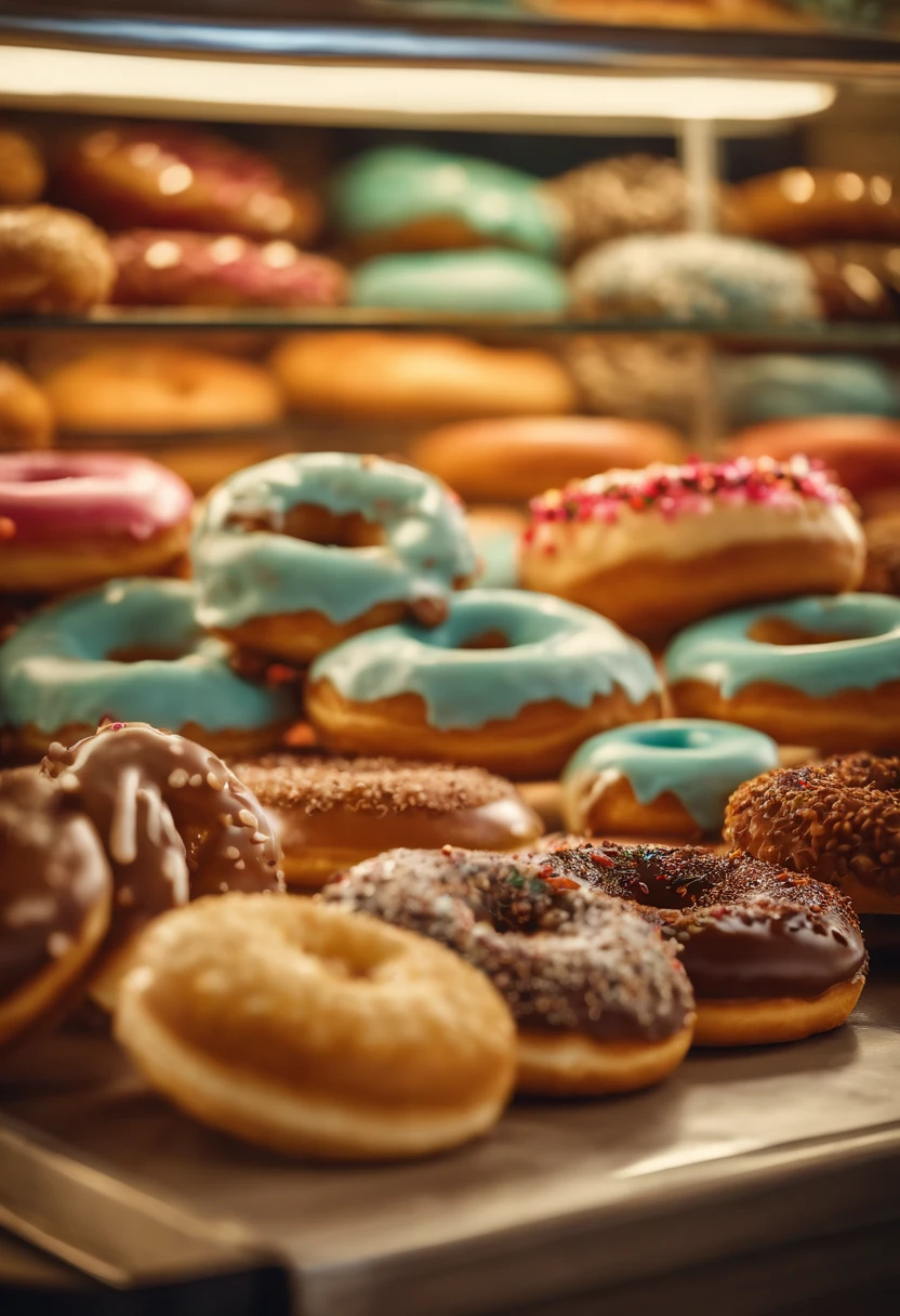 A high-resolution image of a donut shop display, with rows of perfectly round donuts in various flavors, colors, and designs, creating a visually inviting and tempting scene