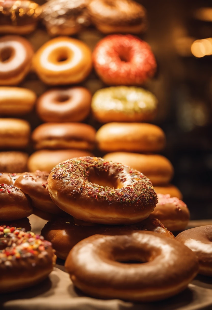 A high-resolution image of a donut shop display, with rows of perfectly round donuts in various flavors, colors, and designs, creating a visually inviting and tempting scene
