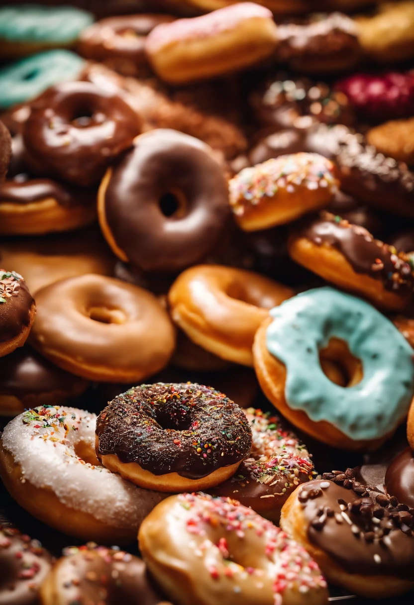 A high-resolution image of a donut shop display, with rows of perfectly round donuts in various flavors, colors, and designs, creating a visually inviting and tempting scene