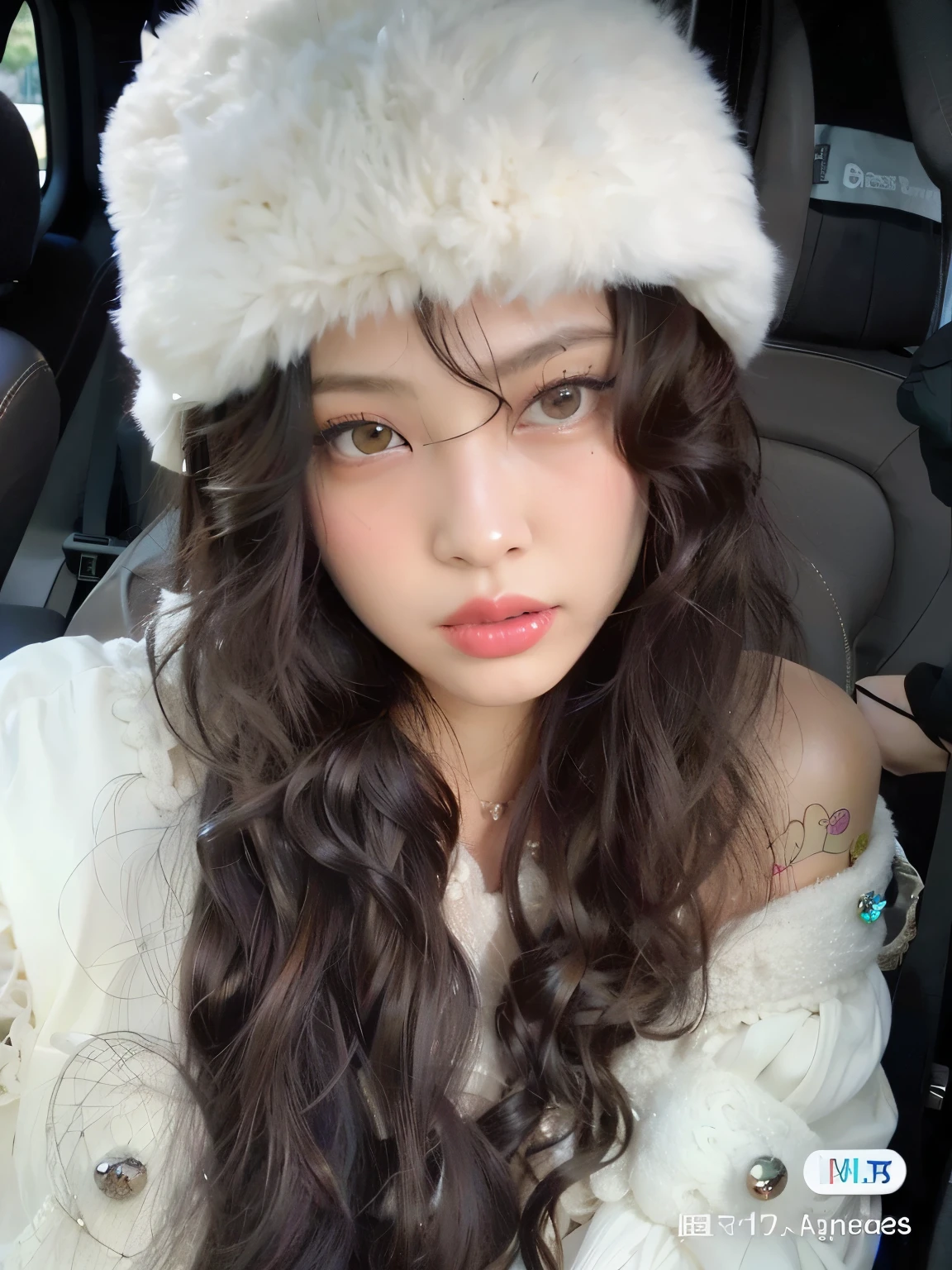 Araffe woman with long dark hair wearing a white hat, cabelos brancos cacheados, Ulzzang, franja encaracolado, Sakimichan, com longos cabelos cacheados, with hat, linda Delphine, pale snow white skin, com cabelos longos brancos, wearing a cute hat, wearing a chocker and cute hat, com bonito - fino - rosto, franja fofa