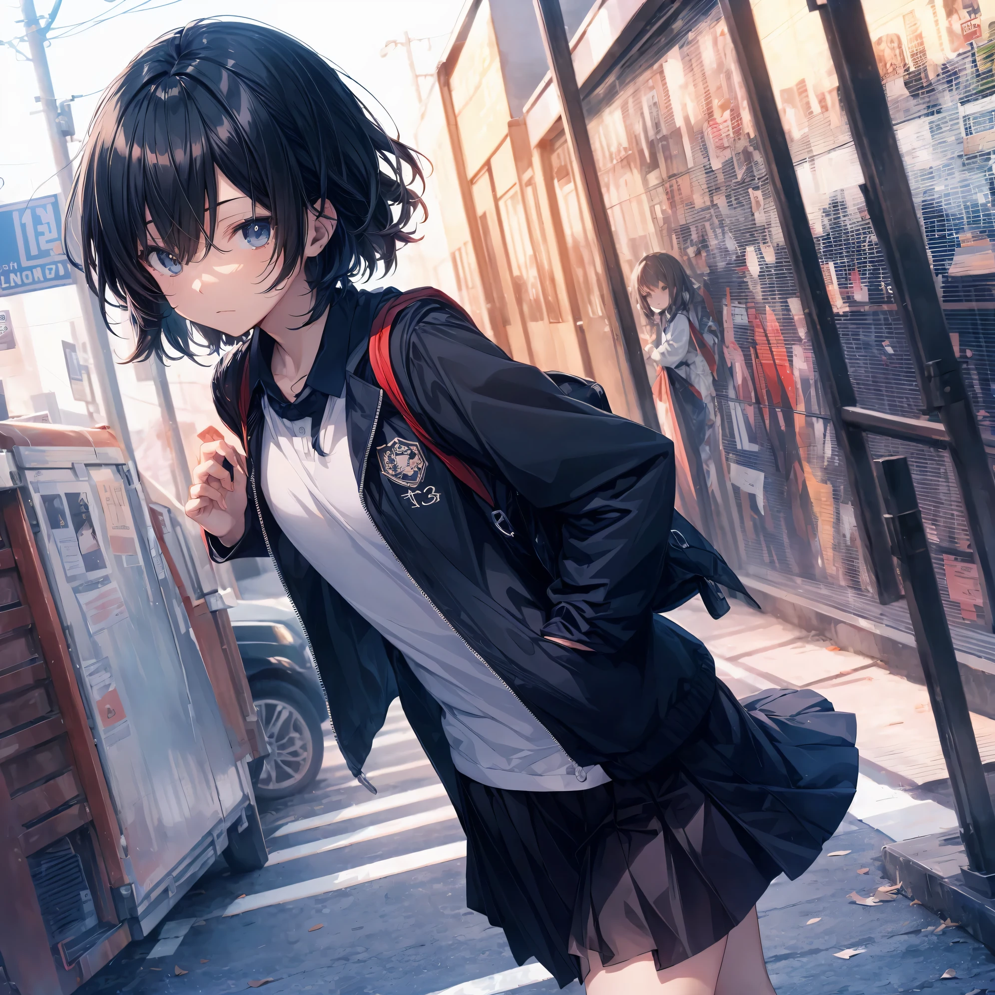 Super high quality by the art god, Ultra-detailed, High resolution, Shinkai Makoto style, anime moe art style, best anime 8K konachan wallpaper, Pixiv Contest Winner, Perfect Anatomy, BREAK,(Please draw a sleepy girl going to school alone.. ),BREAK, a hyperrealistic schoolgirl, (Solo,Lori,child,13years:1.3),Full limbs, complete fingers,a junior high school student, Androgynous attraction, (Very short hair), hair messy, flat chest, Small butt, groin, Small eyes,Beautiful detailed black eyes, Well-proportioned iris and pupils, disgusted eye, High resolution detailed hair, School uniform, Skirt,  On the way to school. BREAK,Ultra-detailed細なスキン, Best lighting by famous artists, 8K, Illustration,