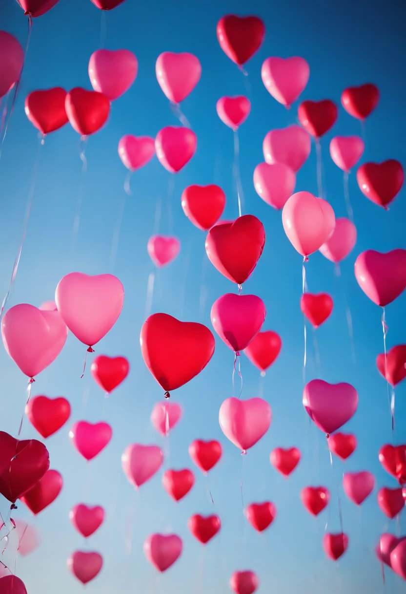 An aesthetic photo of an arrangement of heart-shaped balloons in various shades of pink and red against a bright, blue sky, creating a whimsical backdrop