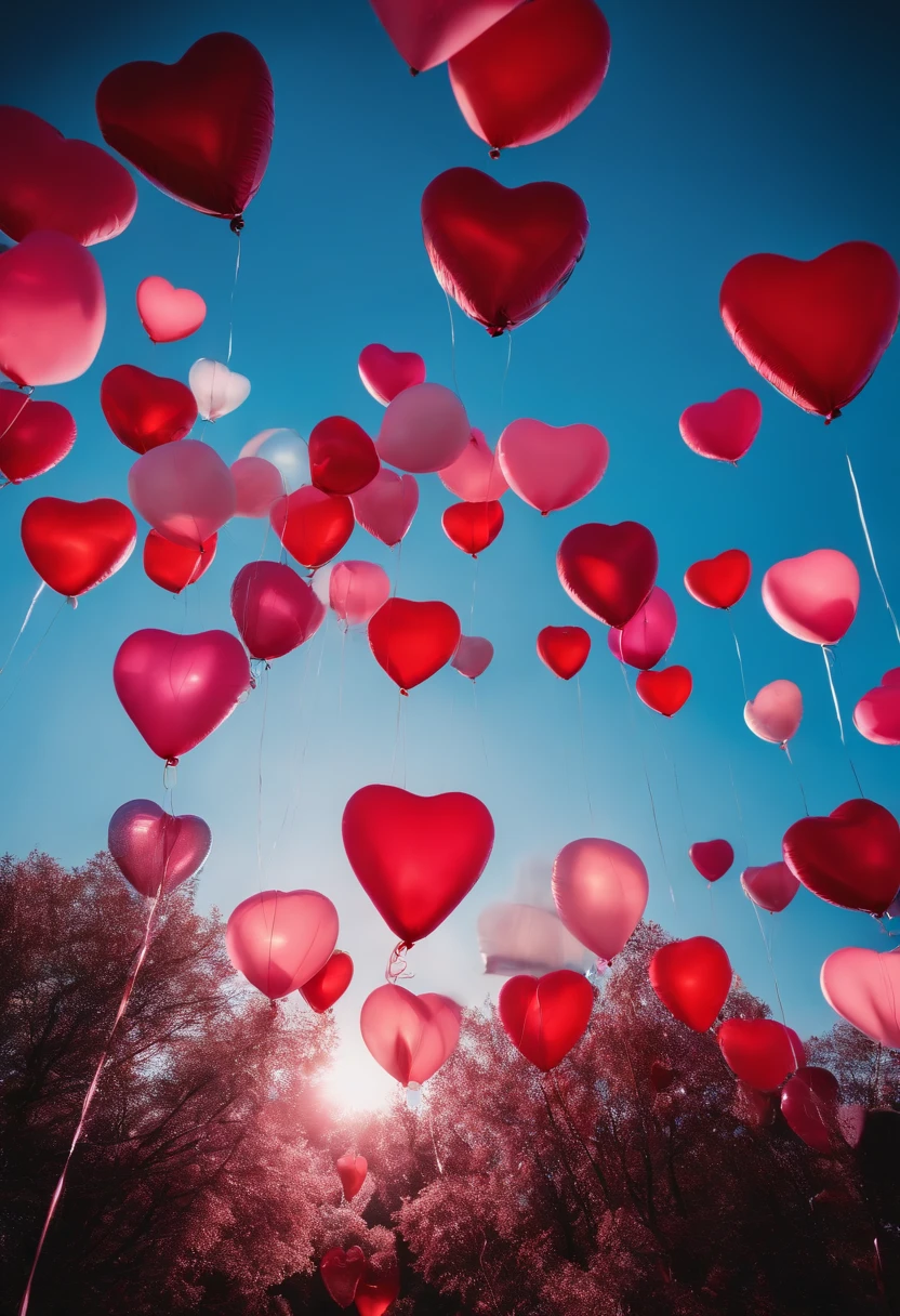 An aesthetic photo of an arrangement of heart-shaped balloons in various shades of pink and red against a bright, blue sky, creating a whimsical backdrop