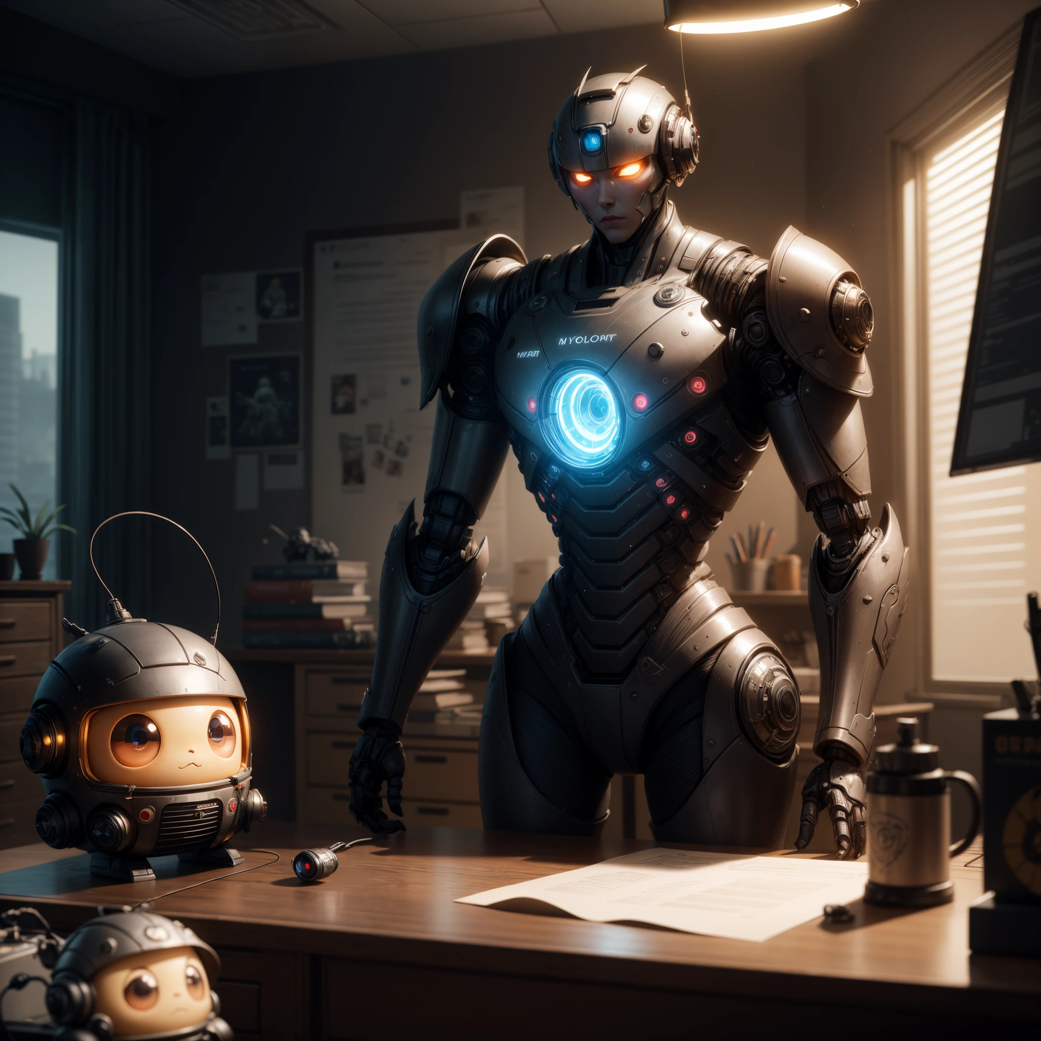 Electrobots and offices, unreal-engine, cozy indoor lighting, art stations, detailed, digitial painting, Cinematic, character design:Mark Leyden、Pixar and Hayao Miyazaki, Unreal 5, daz, Hyper-realistic, octaneratingrendering