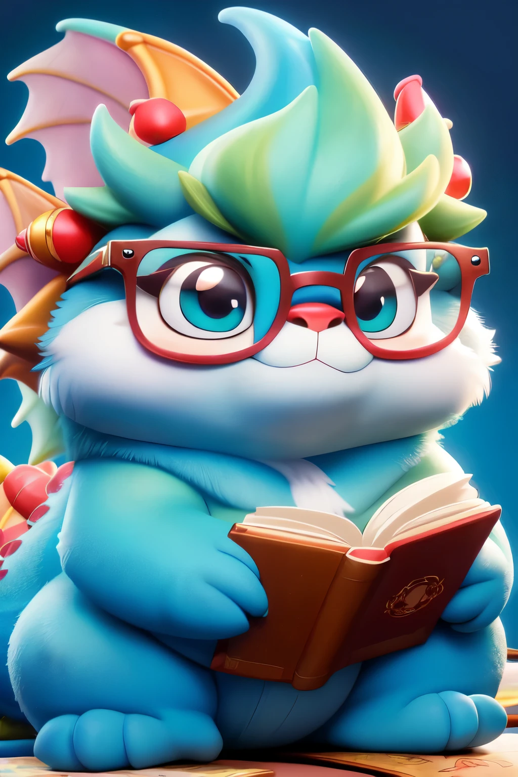 ((Best quality at best)),((tmasterpiece)),((detailed)),cute little dragon,lendo livros,shaggy,blue colors,Slightly fat,wears glasses,worry