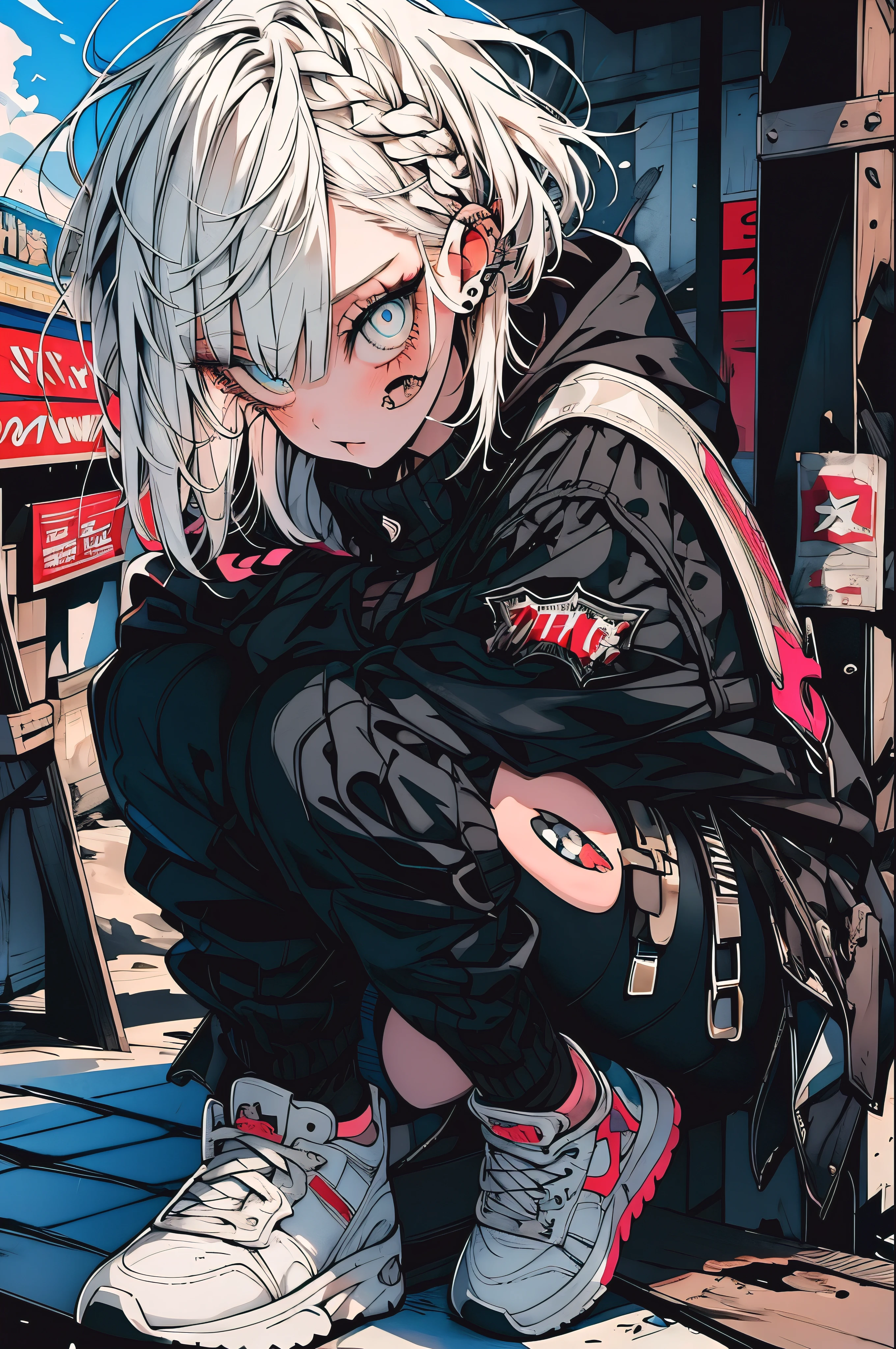 Step Piece, Best Quality, Best Illustration, Ultra-detailed,girl, White hair, Cool Black Open Short Jacket, The tattoo, Messy Fade Cut Hair, Side braided hair,Crazy, A scene where you jump using your whole body, abandoned amusement park background,knee high socks,quirky sneakers,Eyeshadow on the eyes,unusual colored eyes, Eyes of fear, Vivid eyes、Sit on the roof of the building、Feeling of sprinting