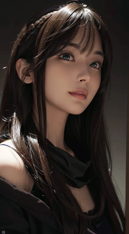 (Ultra Realistic), (Illustration), (Increased Resolution), (8K), (Extremely Detailed), (Best Illustration), (Beautiful and Detailed Eyeest Quality), (Ultra Detailed), (Masterpiece ), ( wallpaper), (detailed face), solo, 1 girl, looking at viewer, fine details, detailed face, in the dark, deep shadows, low key, pureerosfaceace_v1, smiling, long hair, black shawl straight hair , 46 points oblique bangs