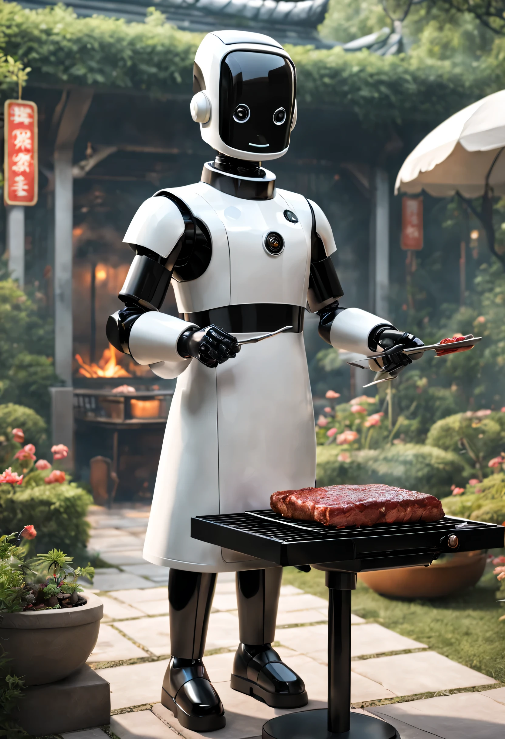 Qingdao Chitose style, Retro-Future, Robot butler in retro clothing is grilling meat, The head is equipped with a high-definition analog face display, Warm and friendly smile, Wearing a holographic white butler uniform dress suit, Background with: Surreal Garden, Future character design, scientific fiction, Black technology, 3D,