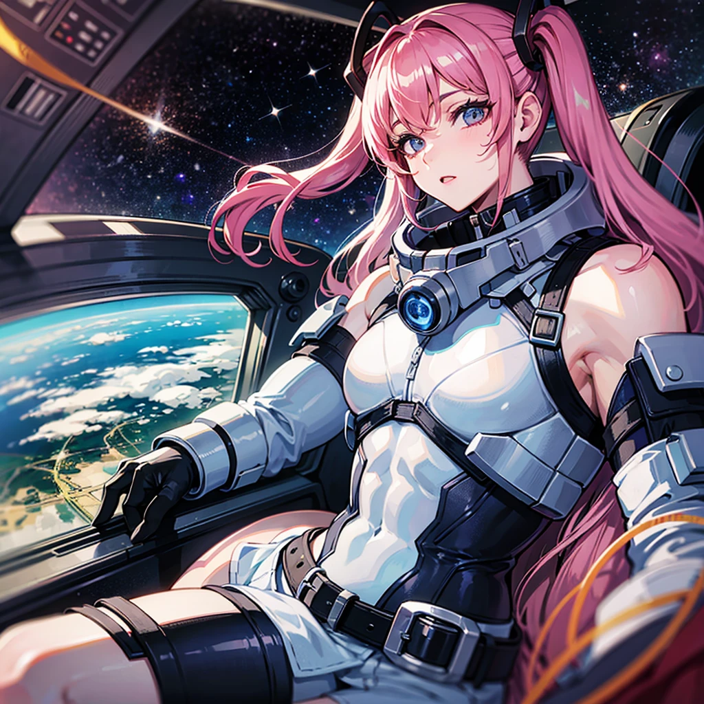 (((masterpiece、Top image quality、top-quality、highly detailed unity 8kwall-paper)))、((Illustration of one adult))、((25-years old))、(pilot)、(((Beautiful girl with a beautiful face、The body is a man)))、(((Twintails with pink hair)))、Light gray eyes、((Tall))、((Muscular strong man's body))、((Muscular strong man's body、solid chest、muscular chest plate、abdominals、muscular and thick arms、muscular and thick legs))、(((白いpilotスーツ)))、((manspreading、Sitting in the cockpit))、(space fighter cockpit、The Universe on the Monitor、Earth seen from space、Spaceport)