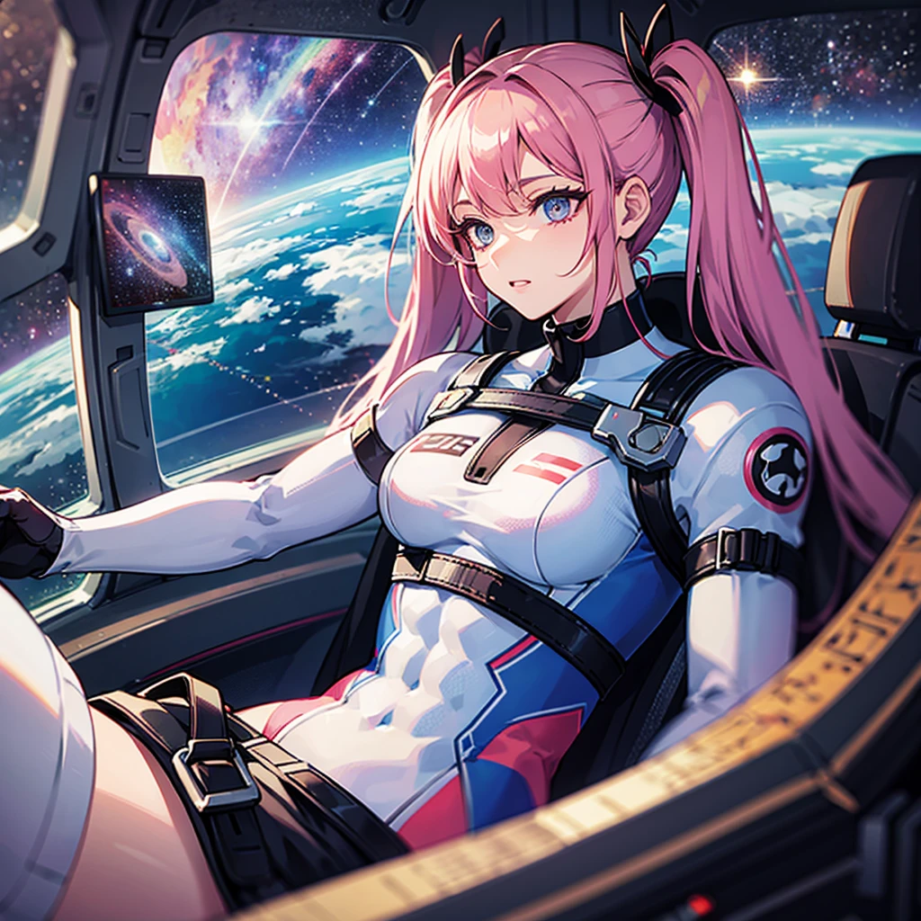 (((masterpiece、Top image quality、top-quality、highly detailed unity 8kwall-paper)))、((Illustration of one adult))、((25-years old))、(pilot)、(((Beautiful girl with a beautiful face、The body is a man)))、(((Twintails with pink hair)))、Light gray eyes、((Tall))、((Muscular strong man's body))、((Muscular strong man's body、solid chest、muscular chest plate、abdominals、muscular and thick arms、muscular and thick legs))、(((白いpilotスーツ)))、((manspreading、Sitting in the cockpit))、(space fighter cockpit、The Universe on the Monitor、Earth seen from space、Spaceport)