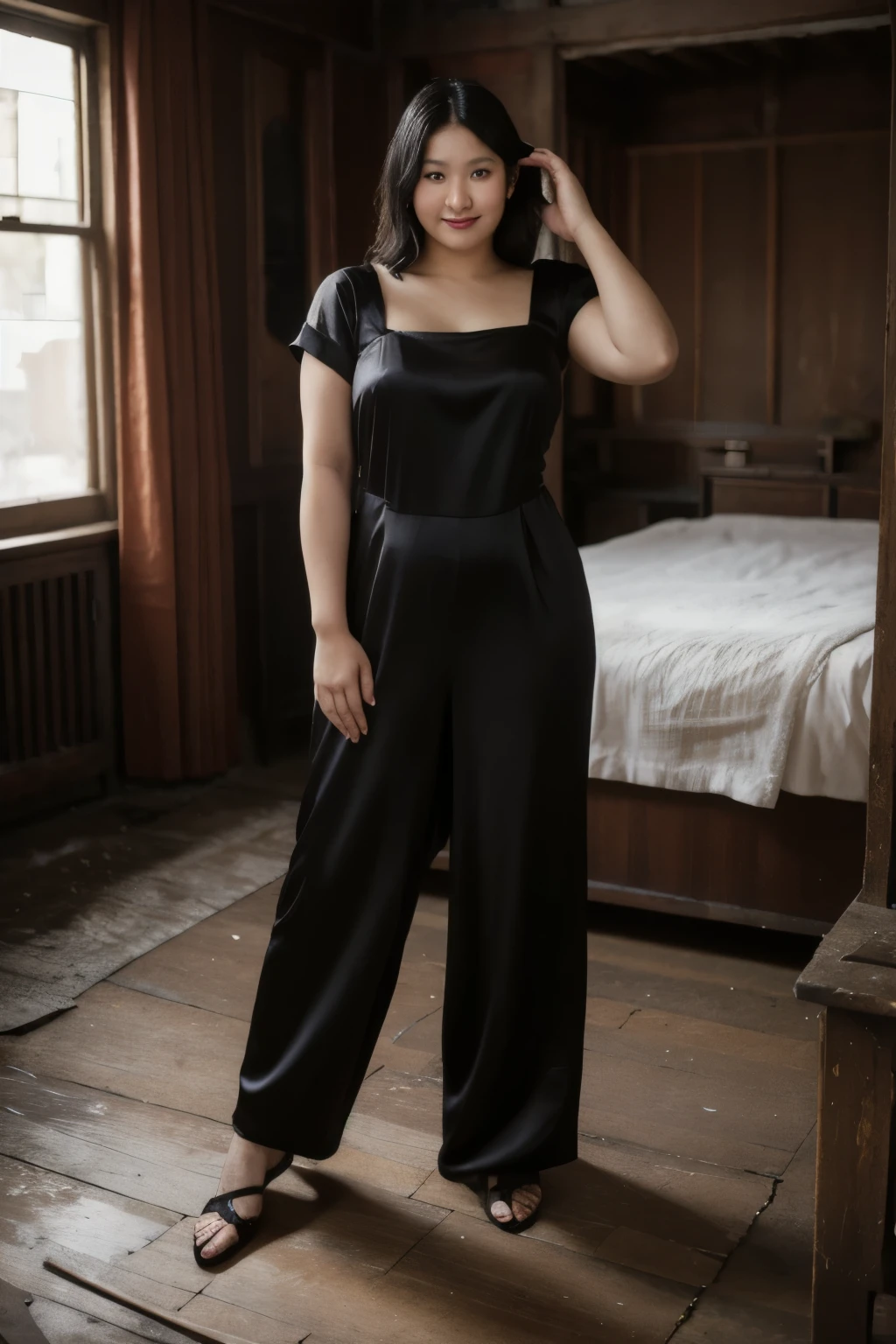 dilapidated bedroom,, period costume, Slightly fat,Asian women,Black silk jumpsuit,fully body photo,Bad smile emoji,ultraclear,