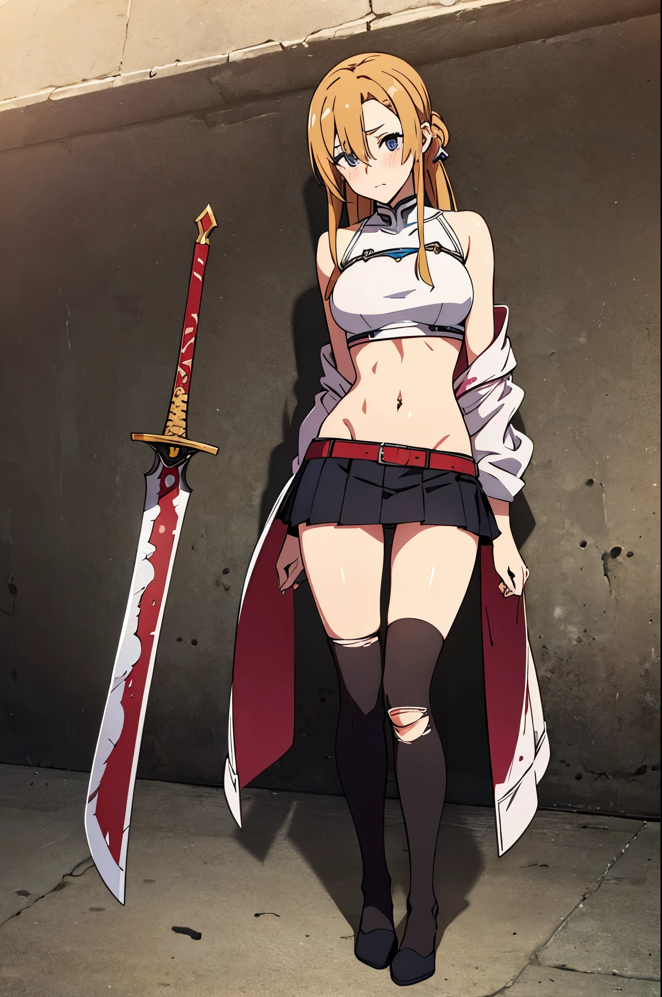 1woman, brunette hair, sword art online asuna face, hair covering right eye, blushing, ripped up spaggethi strap crop top, pleated black ripped skirt, detaily ripped off black tigh-highs, her thigh-highs being shrdedded, getting her clothes ripped to shreds, all destroyed and ripped off clothing, no shoes, laying on back in fetel postition, scracthed and bruised and bleeding, dungeon background, low health points, ryona, beat up girl, near death, fom above