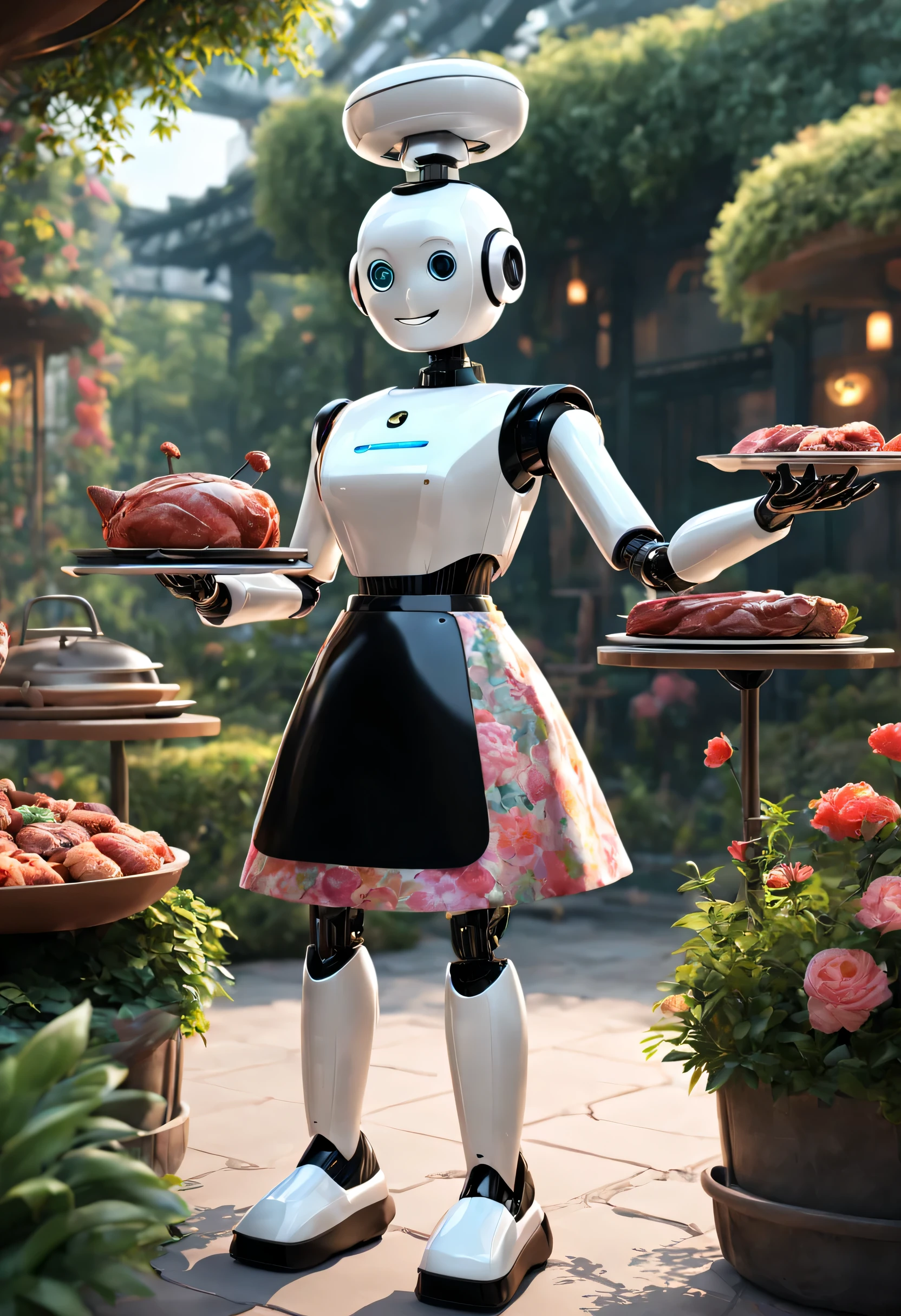 Qingdao Qifeng Customs,  The robot butler is grilling meat in a retro floral skirt., The head is equipped with a high-definition analog face display, Warm and friendly smile, Wearing a holographic white butler uniform, Background with: Surreal Garden, Future character design, scientific fiction, Black technology, 3D,