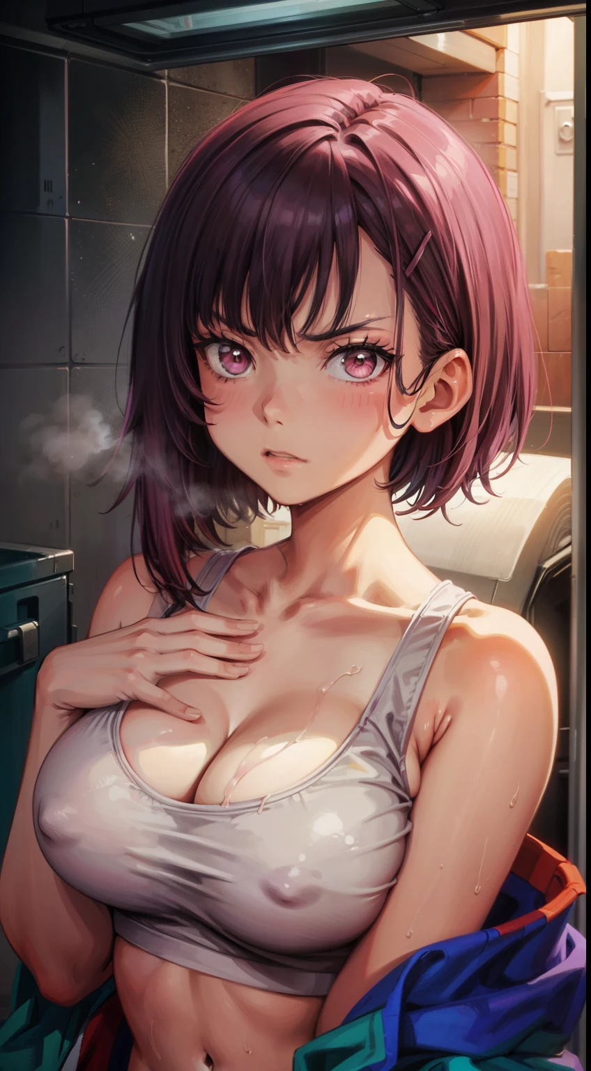 Face and chest、cleavage of the breast、Girl rubbing her chest、((​masterpiece、top-quality、ultra-definition、hight resolution))、Take a photo from the front、shower a large amount of semen on the breasts、1 girl in、Reddish-purple hair、There&#39;s white liquid on my nipples、Pink eyes、short-cut、angry looking face、glares、A look of contempt、Bukkake、Sportsbra