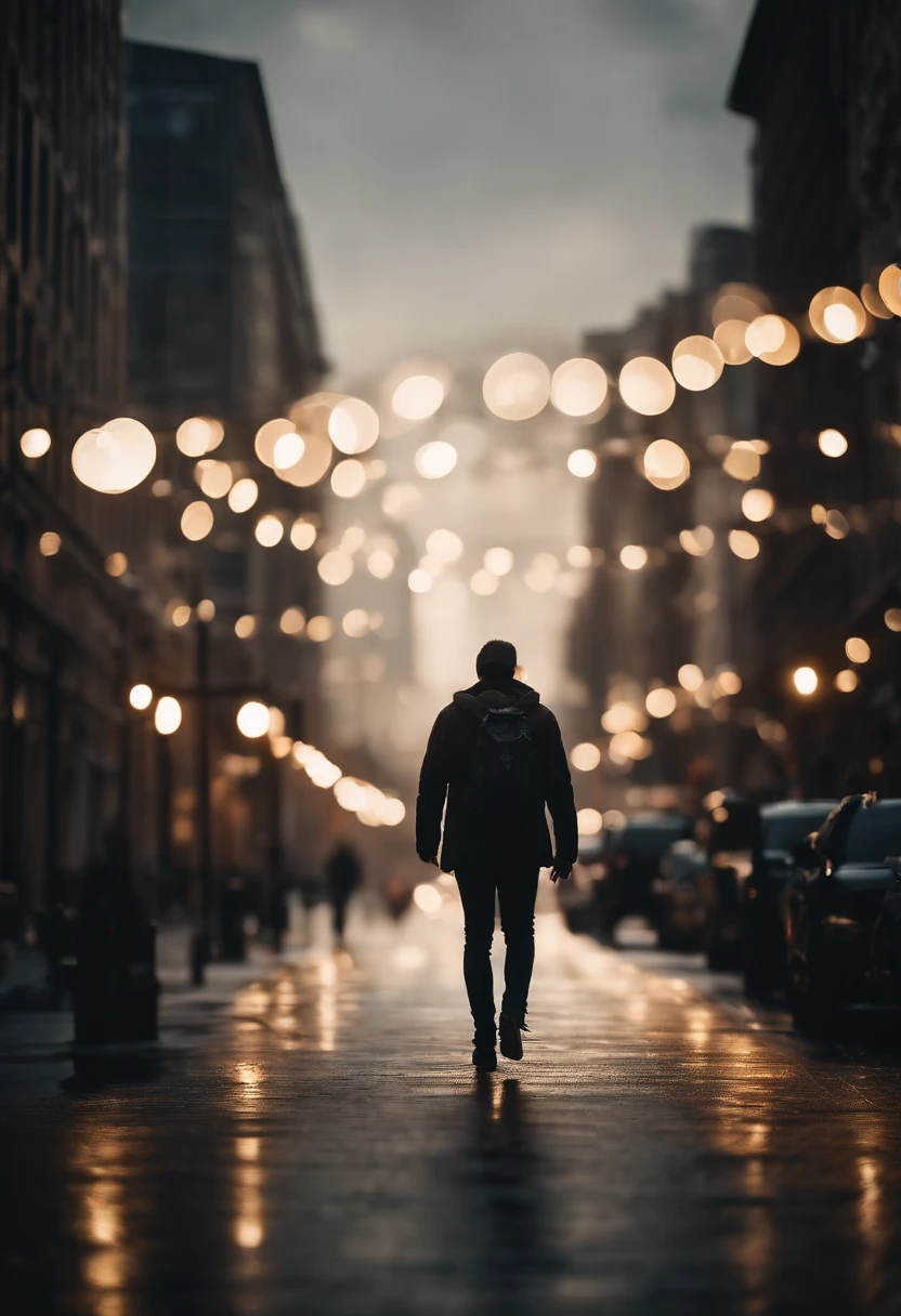 a lifestyle shot of a person walking through a bokeh cityscape background, with circle lights creating a halo effect around them, adding a sense of motion and storytelling to the design
