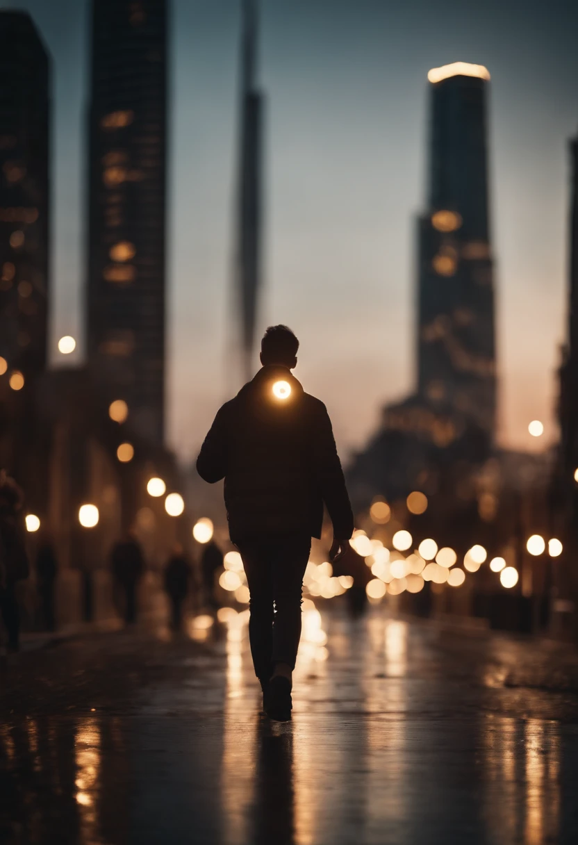 a lifestyle shot of a person walking through a bokeh cityscape background, with circle lights creating a halo effect around them, adding a sense of motion and storytelling to the design