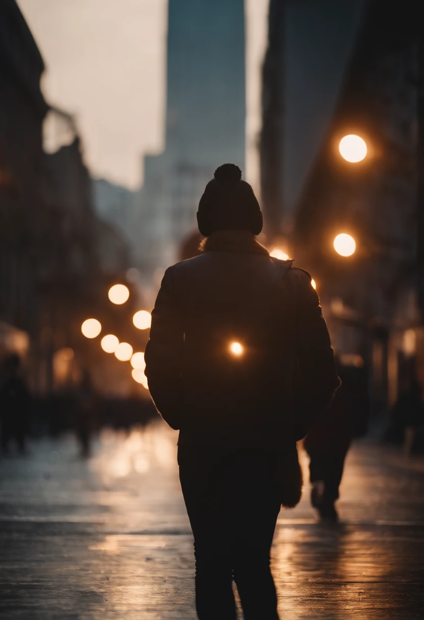 a lifestyle shot of a person walking through a bokeh cityscape background, with circle lights creating a halo effect around them, adding a sense of motion and storytelling to the design