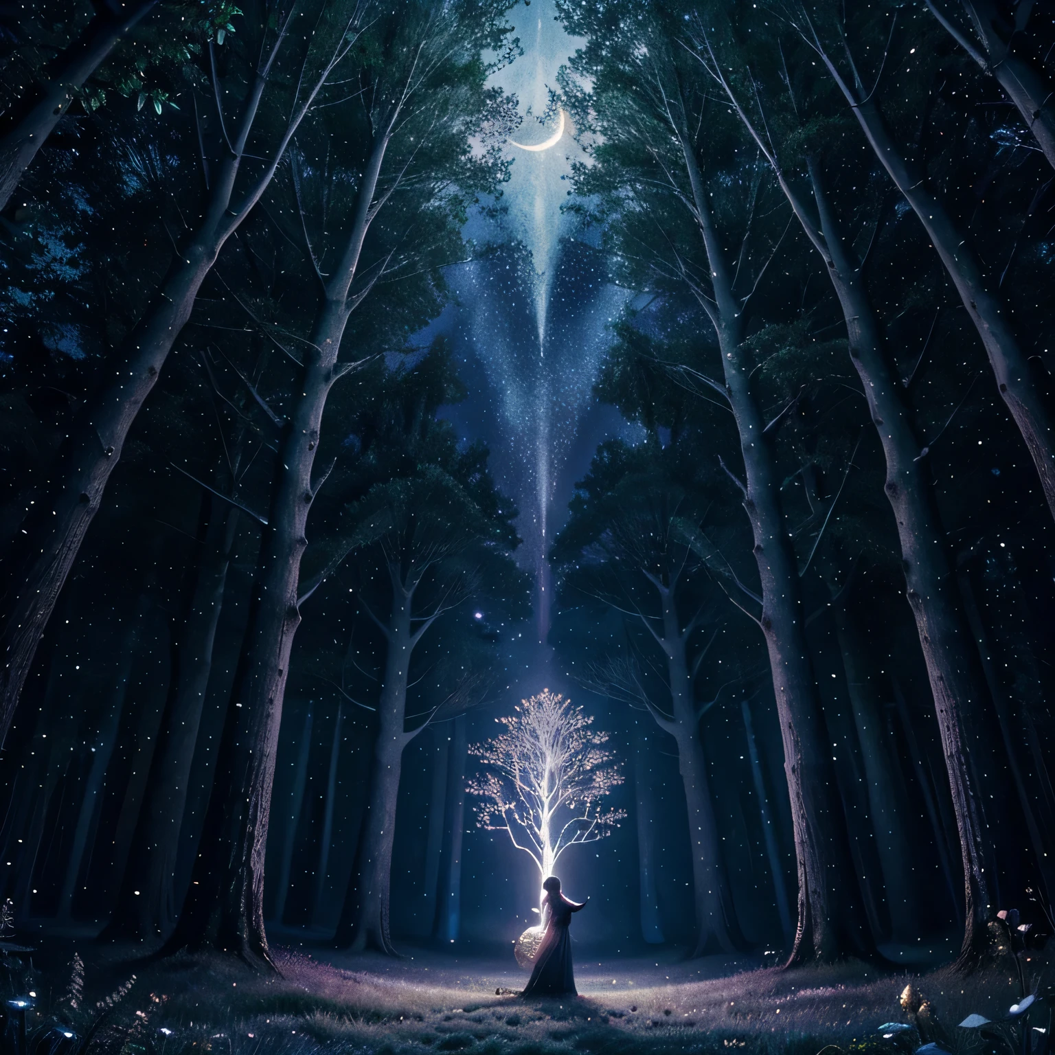 Elegant crescent moon with intricate celestial patterns, surrounded by a sea of twinkling stars, casting a gentle glow on an enchanted forest, where mythical creatures gather, creating an ethereal and magical atmosphere, Illustration, digital art with vivid colors