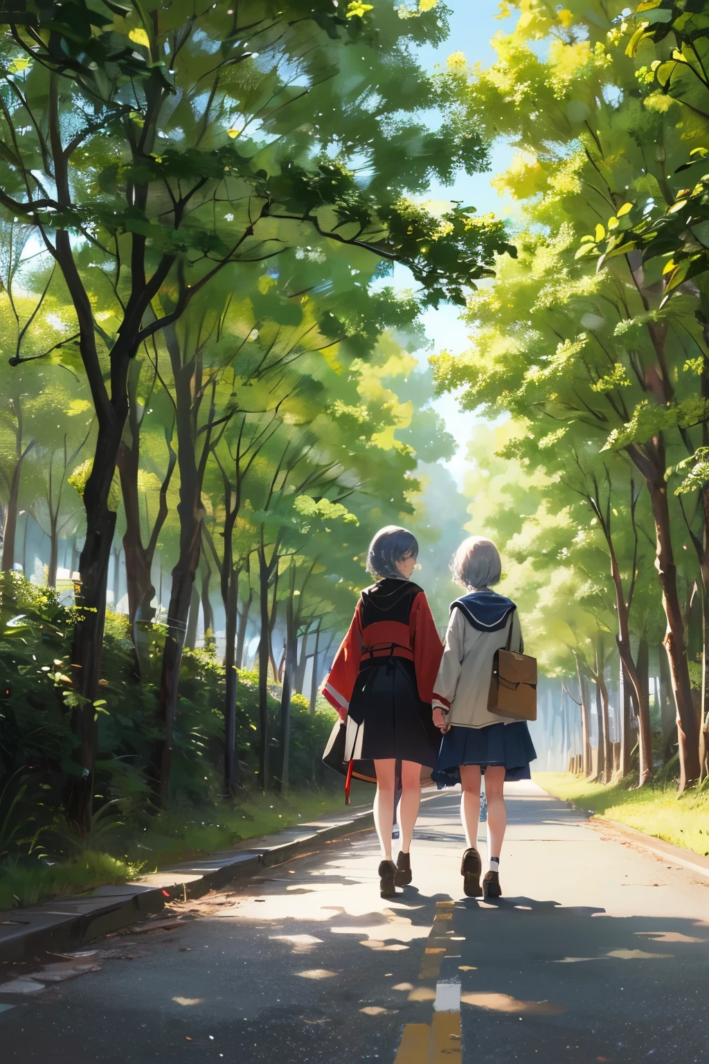 ((夏天)),((modern floor)),((The road has no end)),((Green belt under the shade of the road)), ((The sun shines onto the ground from the gaps in the leaves)), ((Two bits beautiful high school girl)),(one with silver hair，Short height),(One with lilac hair，Tall height),((Characters are close to the camera)),(walking side by side),(Back Shadow),(Two bits)