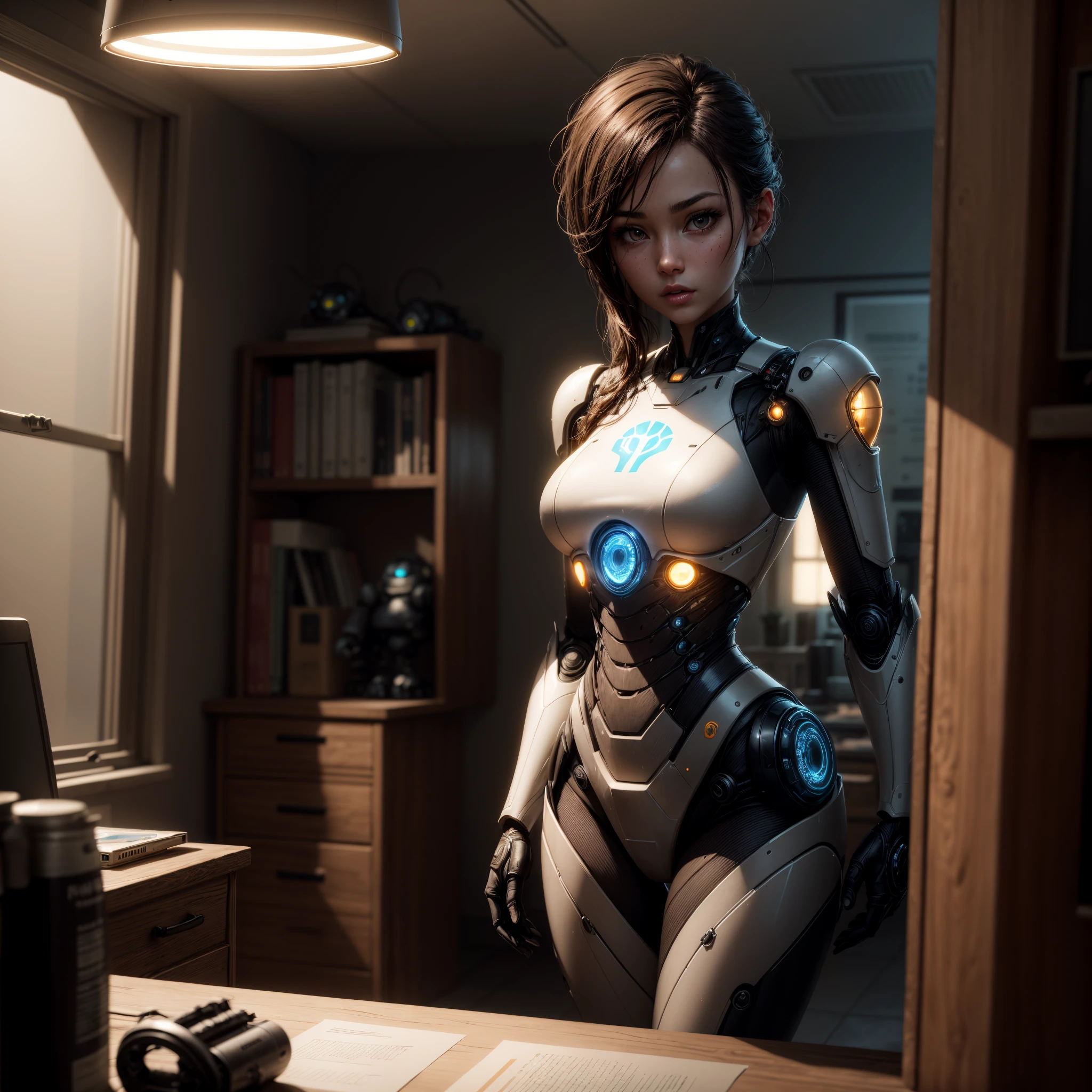 Electrobots and offices, unreal-engine, cozy indoor lighting, art stations, detailed, digitial painting, Cinematic, character design:Mark Leyden、Pixar and Hayao Miyazaki, Unreal 5, daz, Hyper-realistic, octaneratingrendering