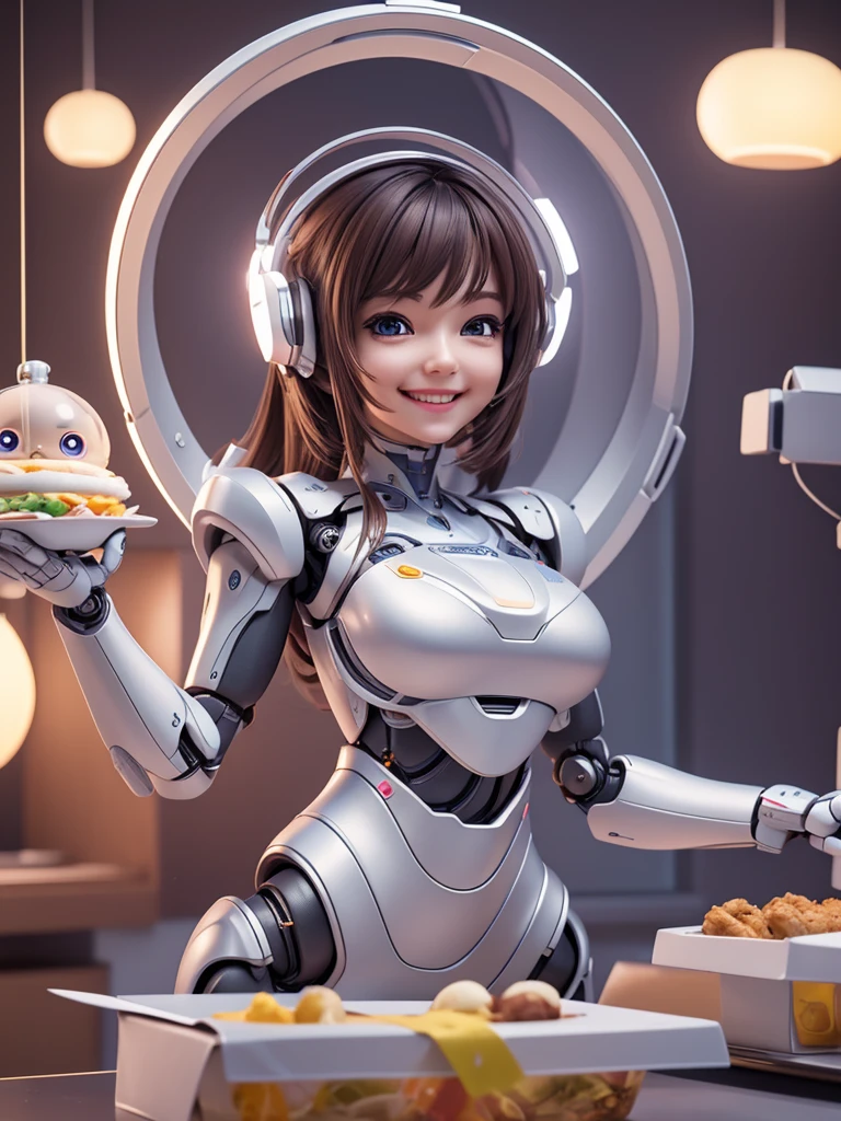 Advanced design, perfect proportions, take-out smiles are cuter, 3D robot holds meals, ultra-realistic, very detailed, cute and dreamy, advanced technology,Futuristic ultra high definition depth of field cinematic lighting effects fantasy art and happy atmosphere
