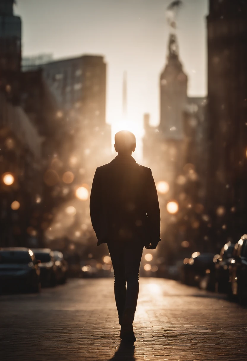 a lifestyle shot of a person walking through a bokeh cityscape background, with circle lights creating a halo effect around them, adding a sense of motion and storytelling to the design