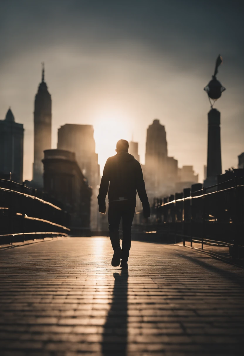 a lifestyle shot of a person walking through a bokeh cityscape background, with circle lights creating a halo effect around them, adding a sense of motion and storytelling to the design