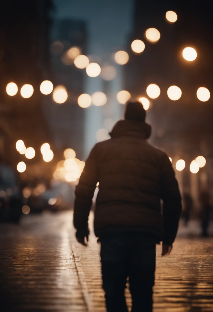 a lifestyle shot of a person walking through a bokeh cityscape background, with circle lights creating a halo effect around them, adding a sense of motion and storytelling to the design