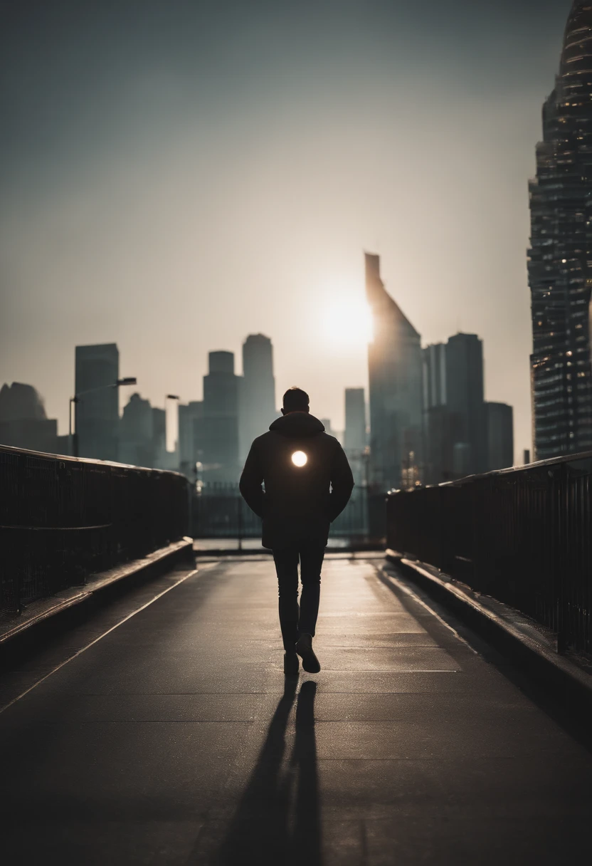 a lifestyle shot of a person walking through a bokeh cityscape background, with circle lights creating a halo effect around them, adding a sense of motion and storytelling to the design