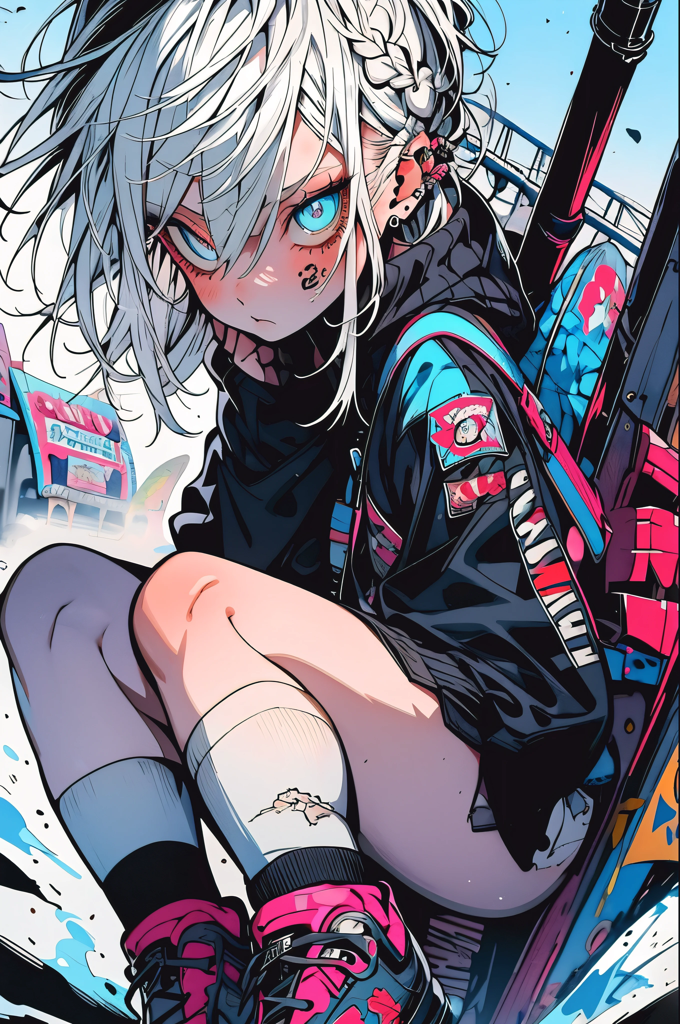 Step Piece, Best Quality, Best Illustration, Ultra-detailed,girl, White hair, cool blue open short jacket, The tattoo, Messy Fade Cut Hair, Side braided hair,Crazy, A scene where you jump using your whole body, abandoned amusement park background,knee high socks,quirky sneakers,Eyeshadow on the eyes,unusual colored eyes, Eyes of fear, Vivid eyes,Running in the sky