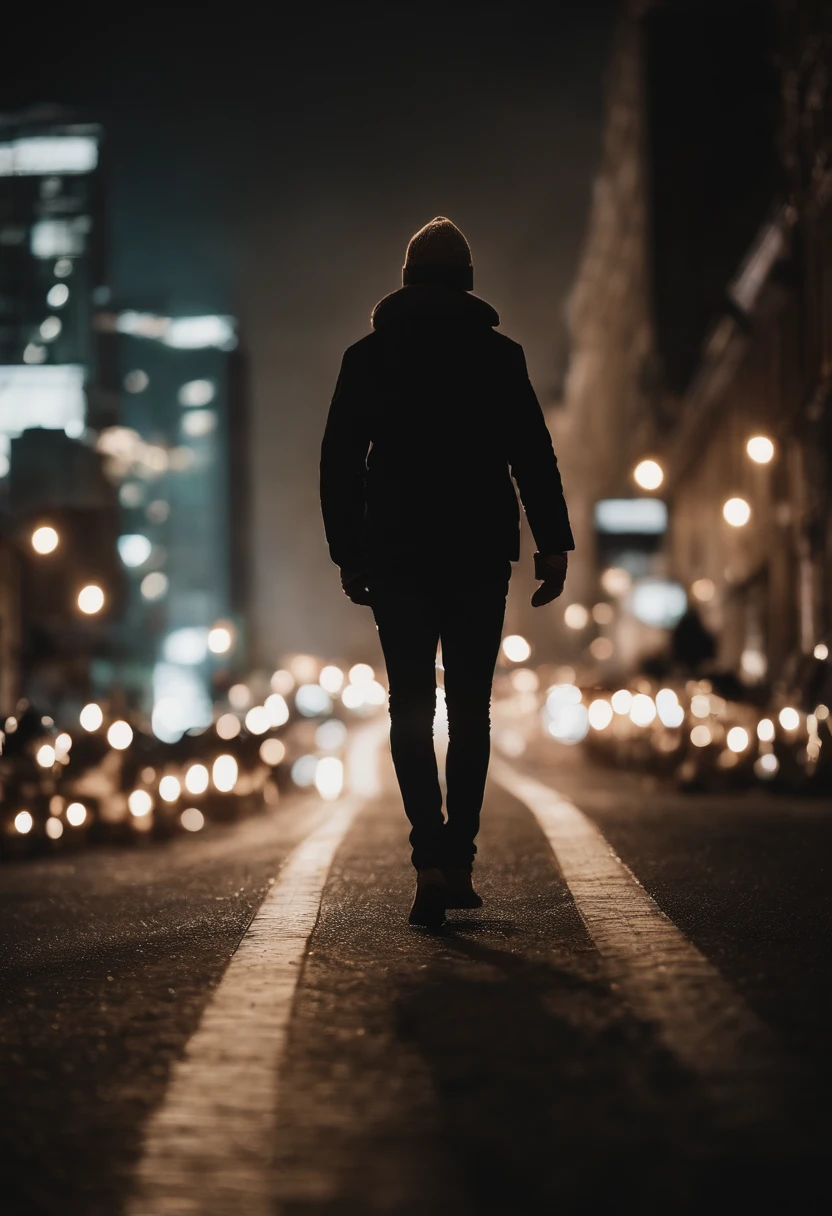 a lifestyle shot of a person walking through a bokeh cityscape background, with circle lights creating a halo effect around them, adding a sense of motion and storytelling to the design