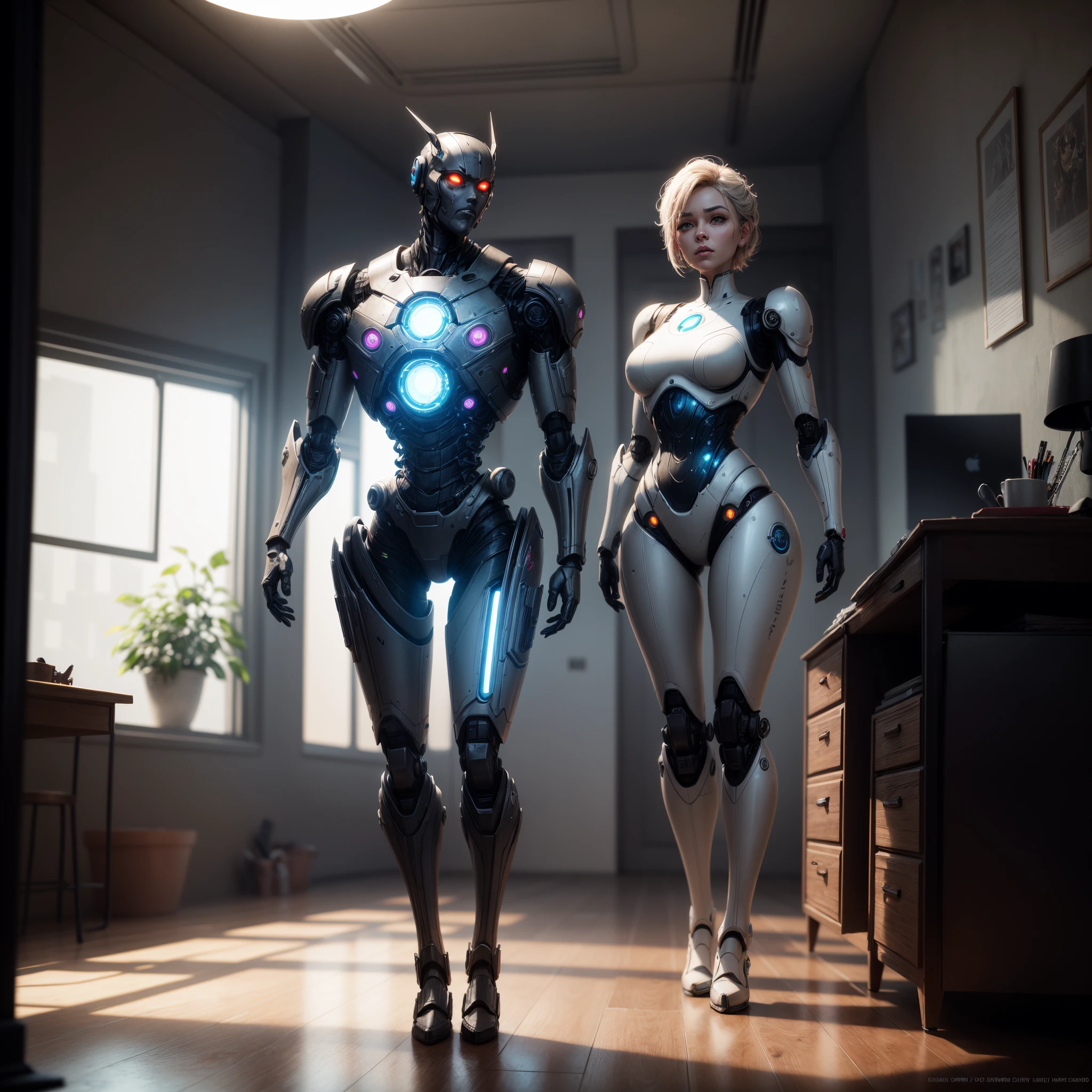 a highly detailed cyborg woman,robot companion,approaching her mistress,in bedroom,removes her sci-fi outfit,revealing soft and shapely form,cinematic lighting,hyper realistic,detailed futuristic android,intricate mechanical components,seamless integration of organic and cybernetic elements,flawless skin texture,dynamic pose,delicate facial features,luminescent eyes,glowing highlights,moody color palette,dramatic chiaroscuro lighting,cinematic atmosphere,masterpiece
