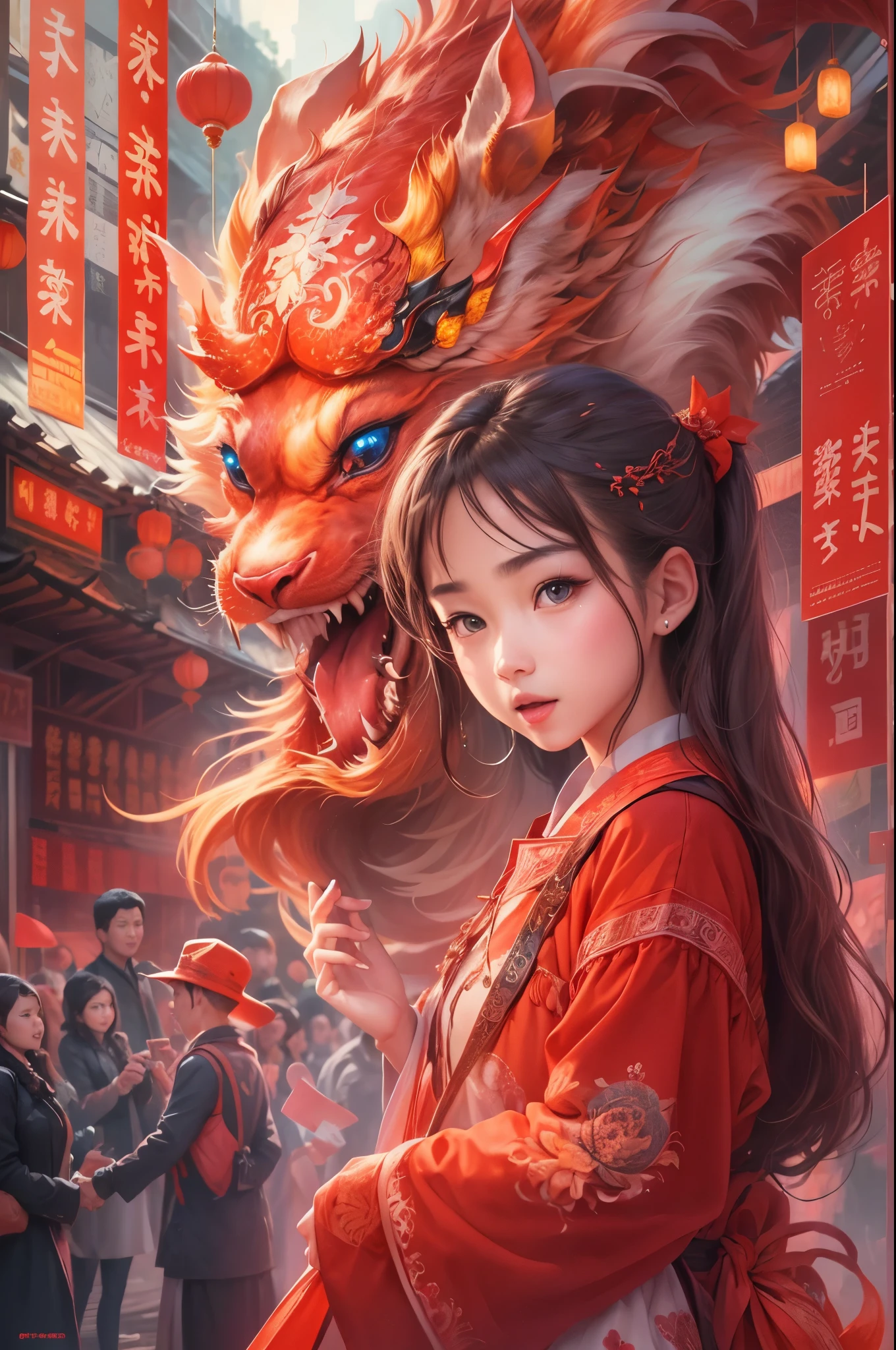 Chinese New Year，Dragon dance，Chinese streets，Lovely people，having fun，Poster design、Best quality at best, The best artwork, A variety of bright colors, Creative，Natural soft light, harmonious color tones，