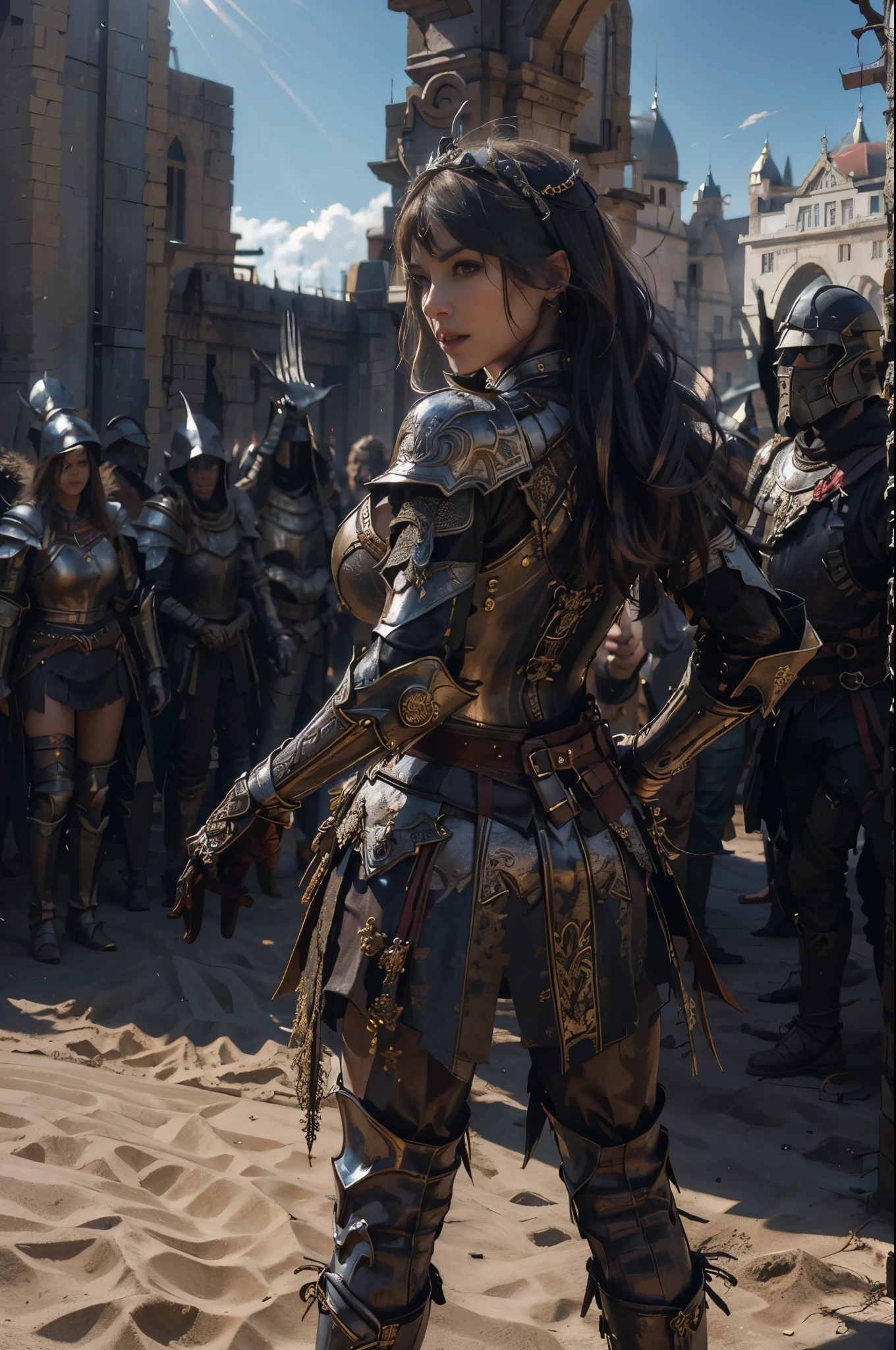 (best quality,4k,8k,highres,masterpiece:1.2),ultra-detailed,(realistic,photorealistic,photo-realistic:1.37),a woman running to battle using full armor,shiny armor,armor with intricate engravings,battle-ready,confident expression,powerful stance,sand and dust blowing around,blazing sunlight,scorched earth,visually epic,heroic scene,vivid colors,dynamic composition,high contrast,carved metal details,reflection of the sunlight on armor,strong backlighting,warrior princess,vintage medieval setting,camera 35mm