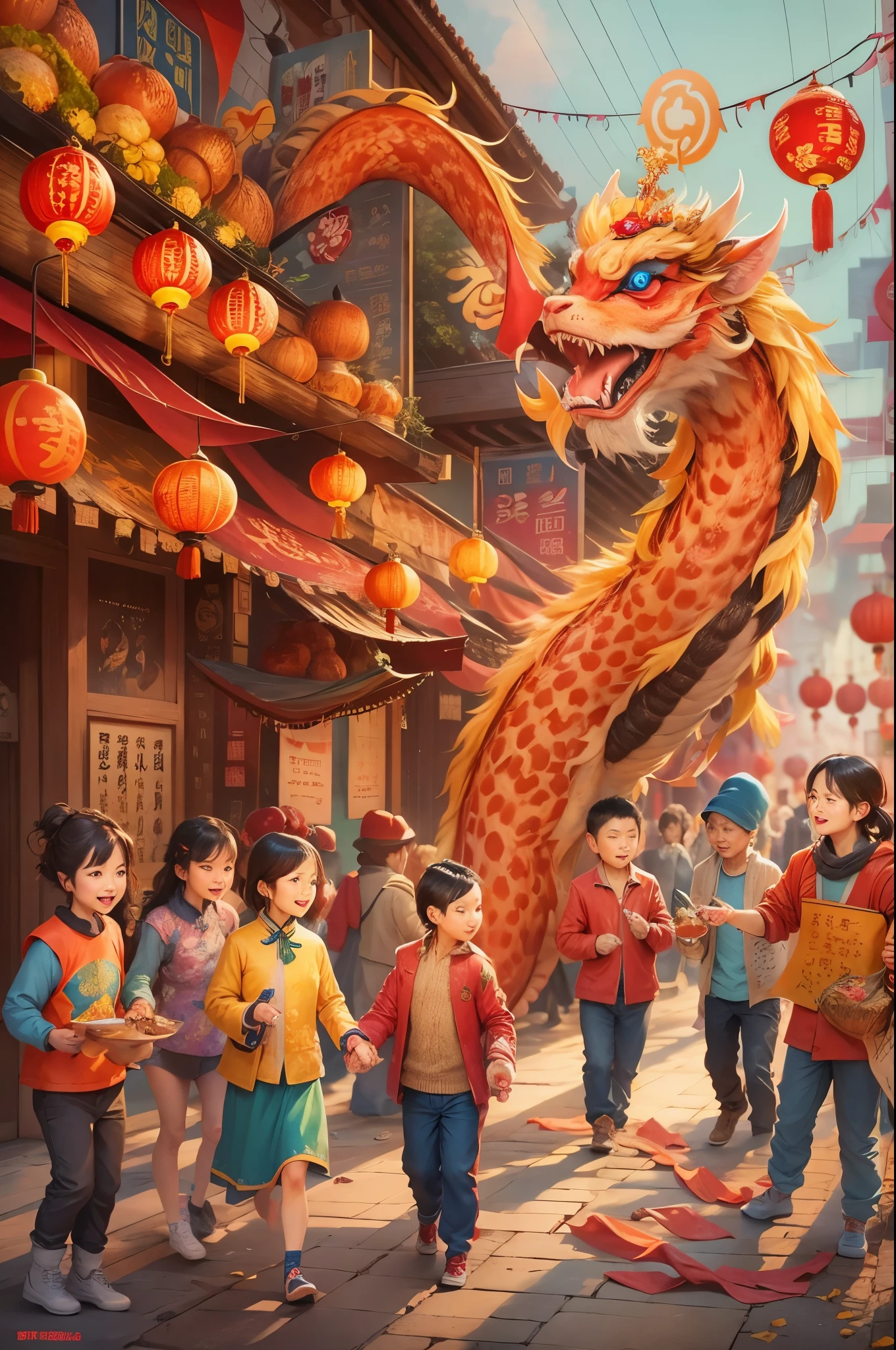 Chinese New Year，Dragon dance，Chinese streets，Lovely people，having fun，Poster design、Best quality at best, The best artwork, A variety of bright colors, Creative，Natural soft light, harmonious color tones，