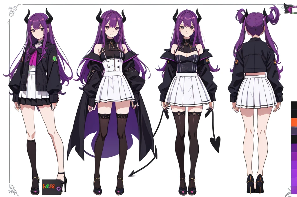 (((Best Quality))) , ((full body)), reference sheet, solo, (white background), demon horns, succubus, mini skirt, violet outfit, ,Devil Wings,
multiple views, white background, variety of hairstyles, variety of fashion styles, seductive pose, fashionable and trendy atmosphere, holding iphone,
blue, orange, green, violet, brown, white,