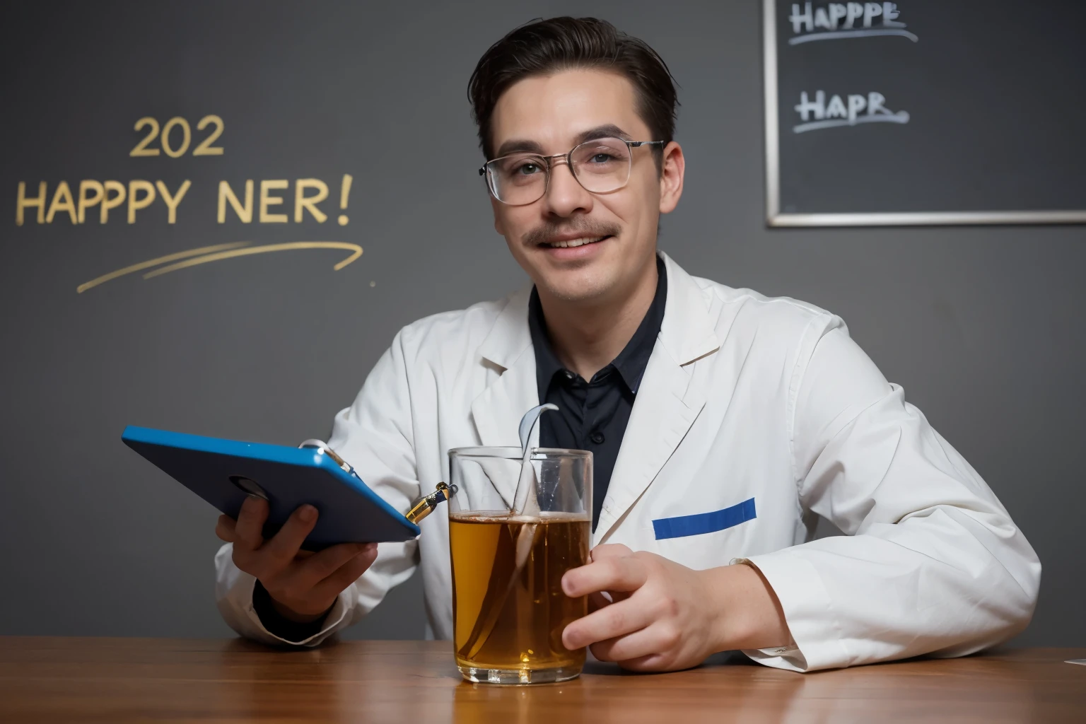 8K photos，Science and technology laboratory，cyber punk style，A male chemist celebrates his chemical achievements，white mustache，Gold-rimmed glasses，There are blue words &quot;KOAS&quot; printed on the background wall，Ruddy face，laughing very happily，There is 3D text &quot;Happy New Year 2024&quot; on the front