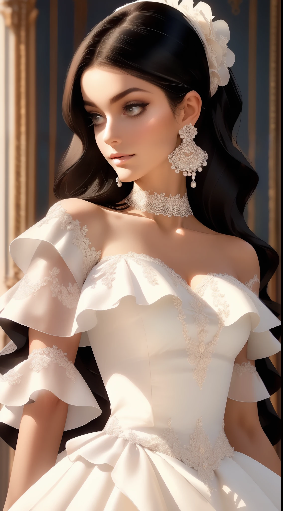 (best quality,high-res,ultra-detailed),classic black and white outfit,delicate lace details,beautiful and intricate embroidery,gorgeous flowing skirt,stunning ruffled sleeves,pearl necklace and earrings,lovely silk ribbon in her hair,graceful posture,kind and gentle expression,soft natural light,subtle shadows to add depth and dimension,romantic and elegant atmosphere,artistic portrait style,vibrant colors with a vintage touch.